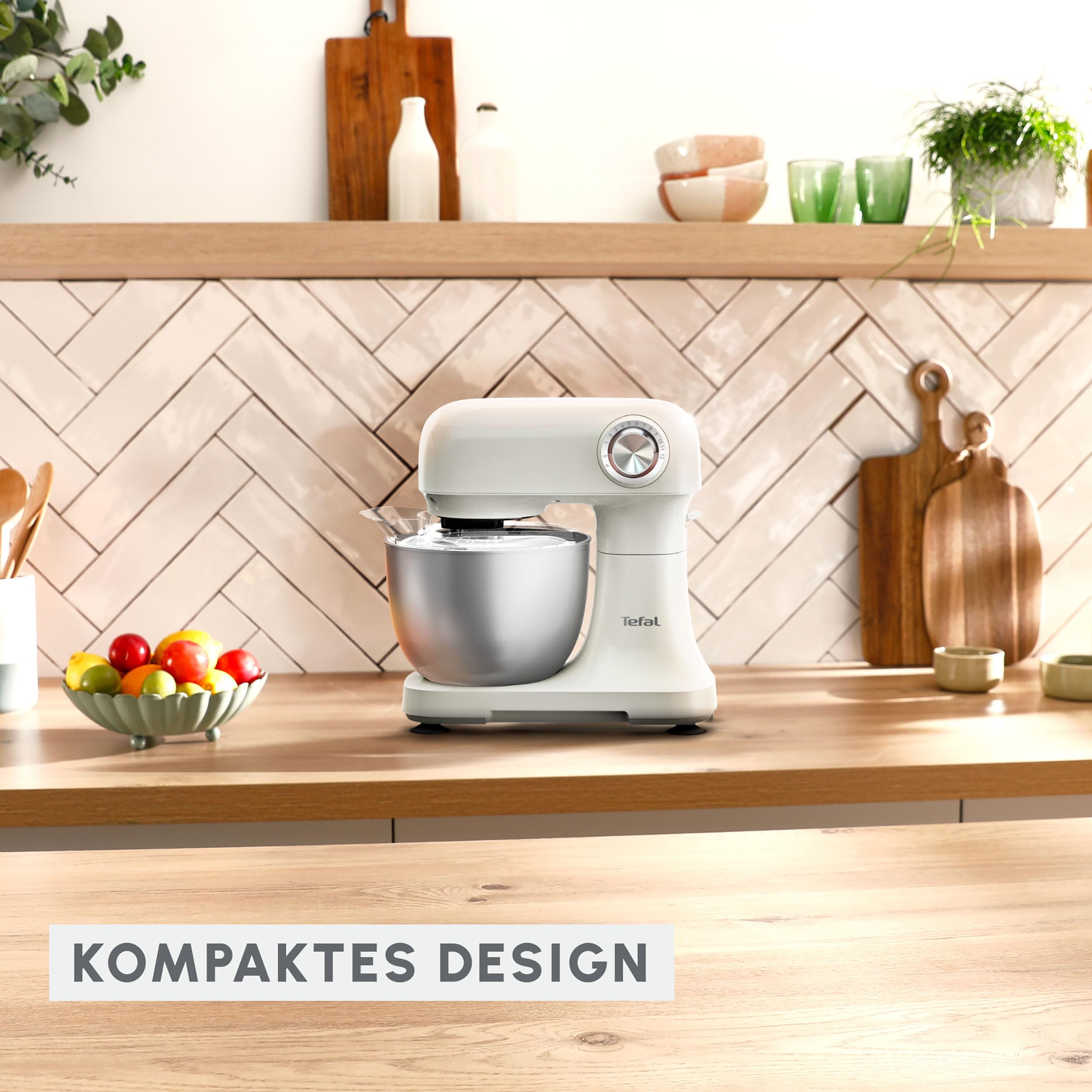 Tefal Bake Easy, Küchenmaschine, kompakt, einfache Bedienung, 12 Geschwindigkeiten, Pulsfunktion, 3,5-Liter-Schüssel, inkl. Schneebesen, Rührbesen, Knethaken, 500 Watt, Weiß, QB140AF0