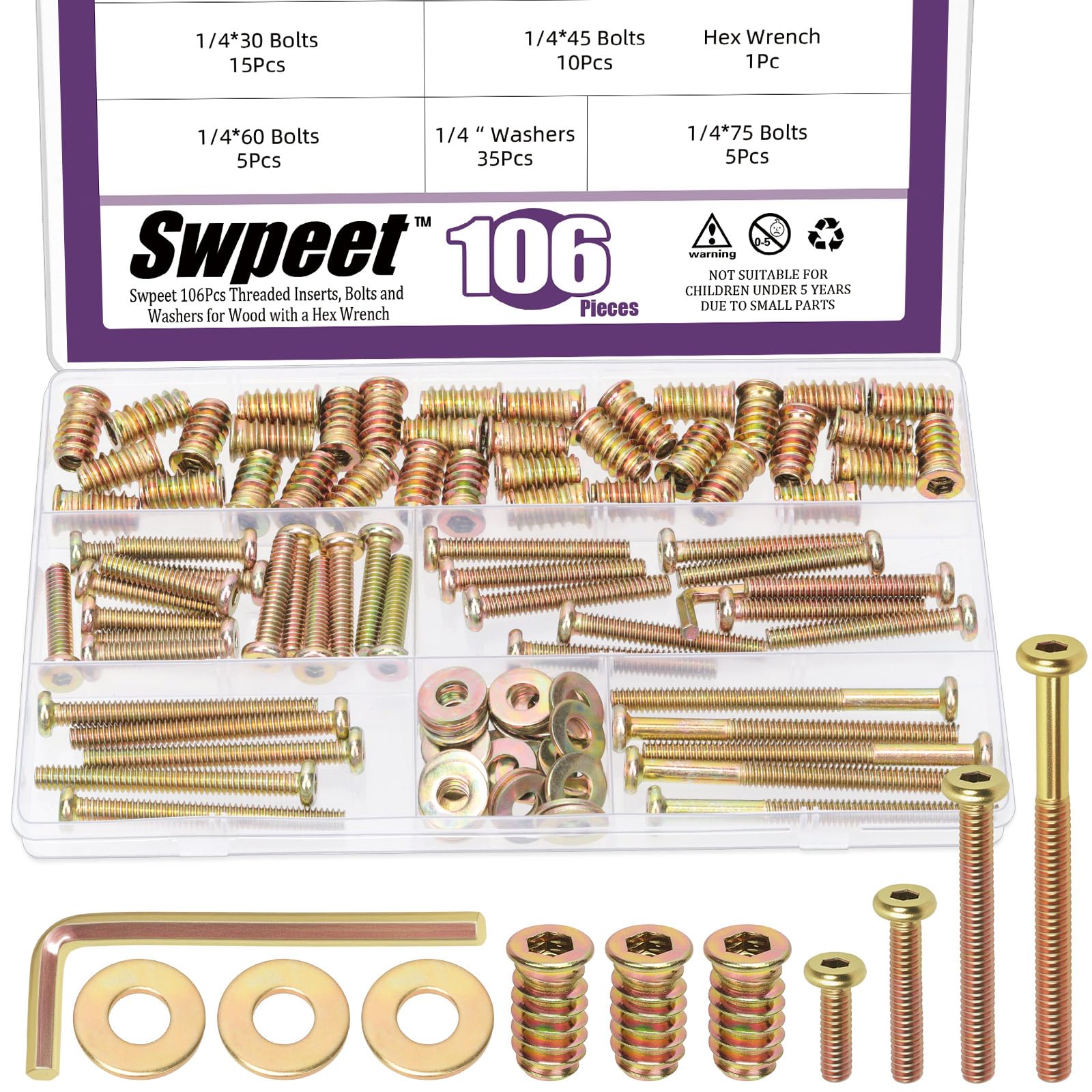 Swpeet 35 Sets 1/4-20 Color Zinc Plated Threaded Inserts and Bolts Washers Assortment Kit, 1/4×30/45/60/75 Flat Head Hex Socket Furniture Bolts for Woodworking, Hex Drive, Wrench, Total 106Pcs