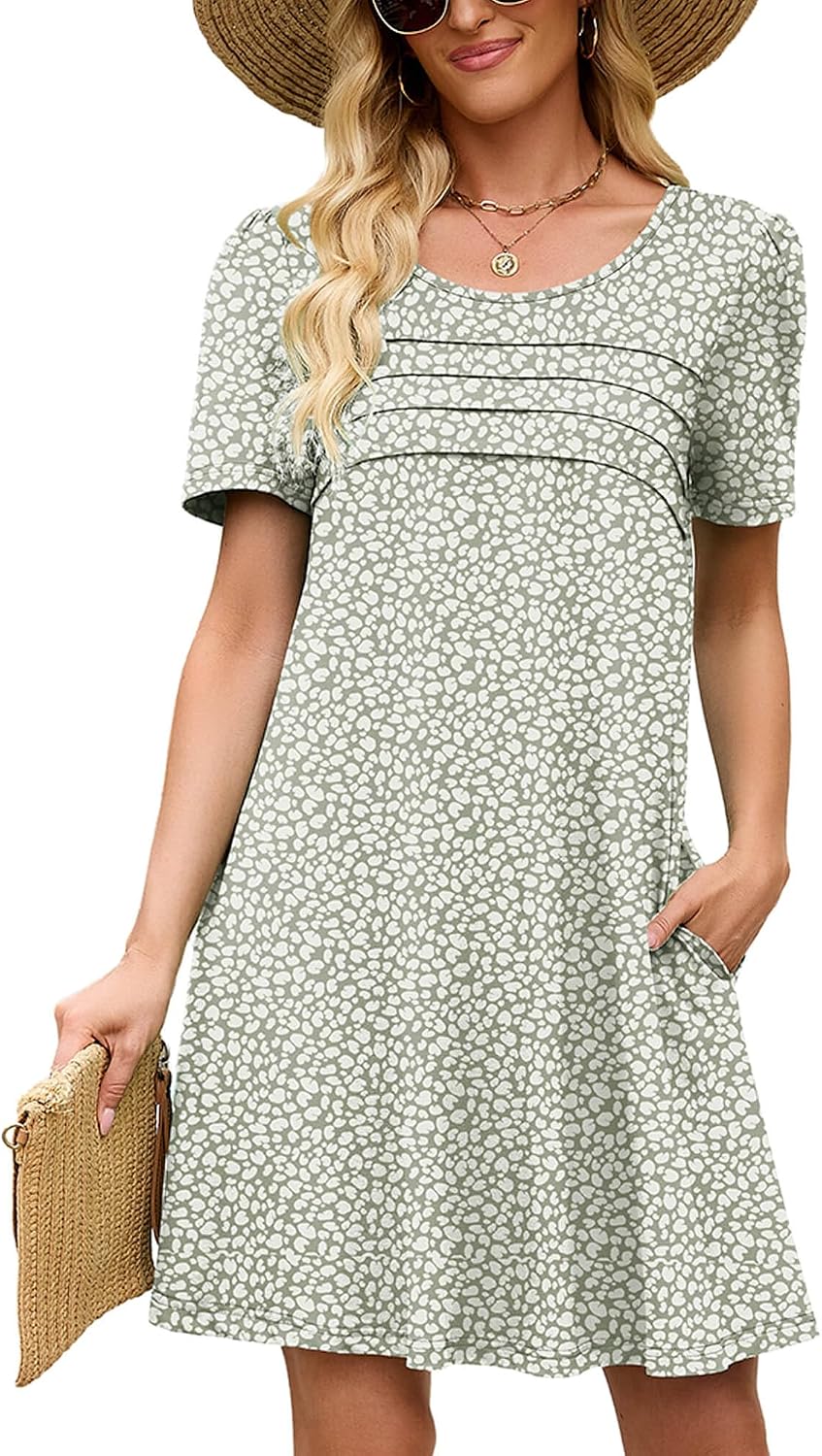 Heymoments Women's Short Sleeve Crewneck Sundress Summer Casual A-Line Beach Dress with Pockets S-2XL