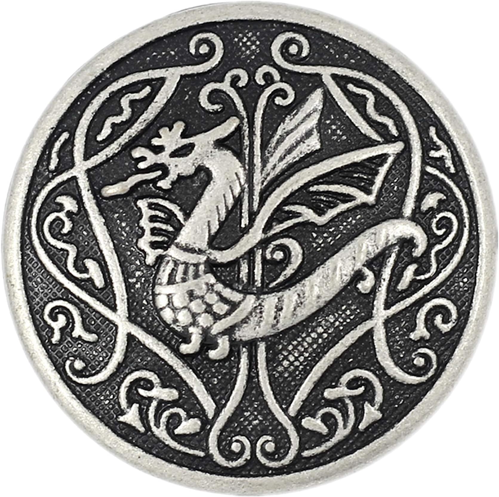 Bezelry 10 Pieces Spitfire Celtic Dragon Metal Shank Buttons. 25mm (1 inch) (Antique Silver)