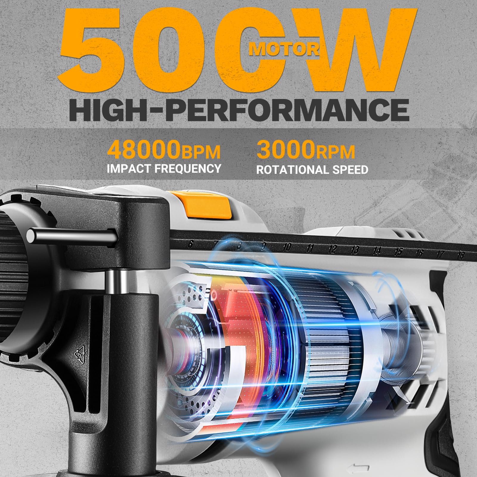 DEKOPRO Perceuse à Percussion Filaire 500W - 2 en 1 Perceuse Béton, Mandrin Sans Clé 13mm, Poignée Rotative 360°, 3000 RPM, 3 Forets (3 x Métal, Béton, Bois), Idéale pour Bois, Métaux Tendres et Béton