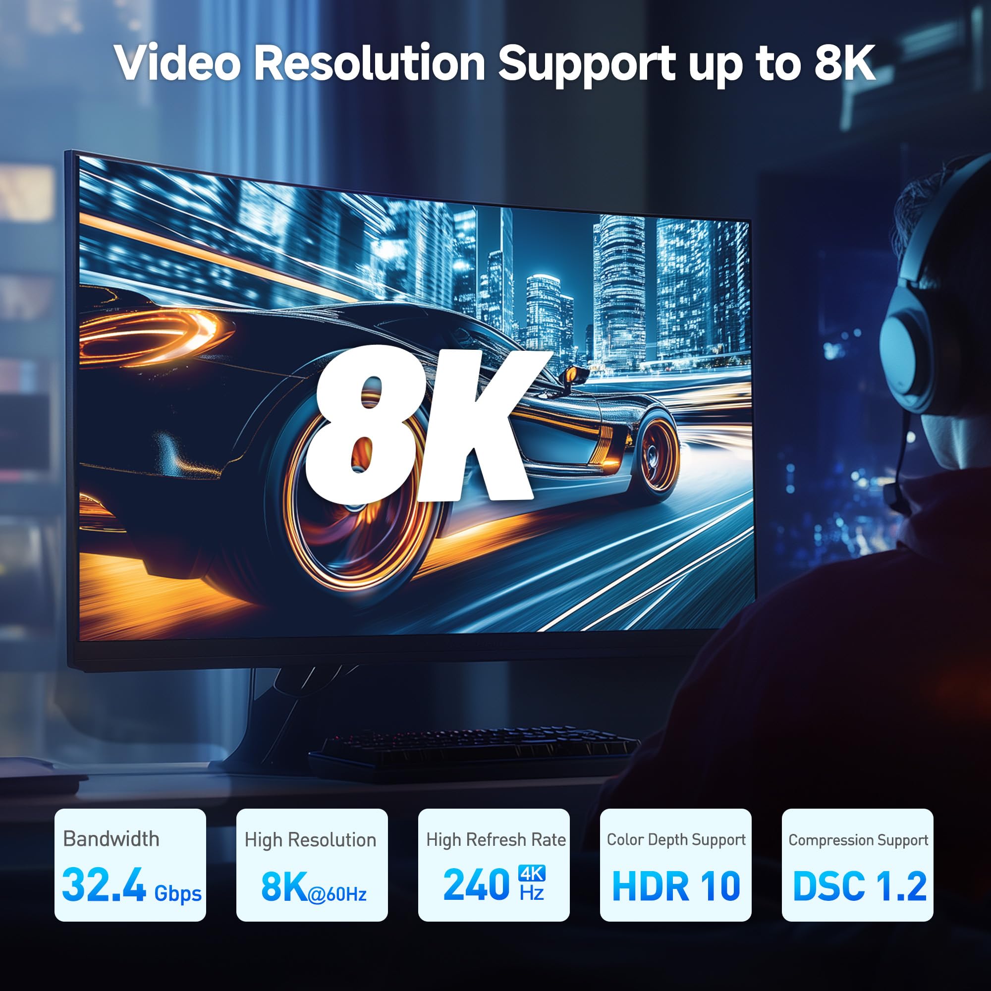 Cable Matters [certificato VESA] Cavo DisplayPort 1.4 ad angolo retto - 1,8 m, supporto 8K 60Hz, 4K 240Hz (cavo DisplayPort 1.4 ad angolo retto) con FreeSync, G-SYNC e HDR per monitor da gioco, PC