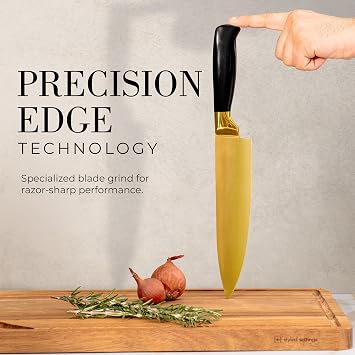 STYLED SETTINGS Black and Gold Knife German Stainless Steel Kitchen Knife Ultra-Sharp Titanium-Coated Blade Precision Cutting Knife for the Home & Professional Chef Ideal Gift