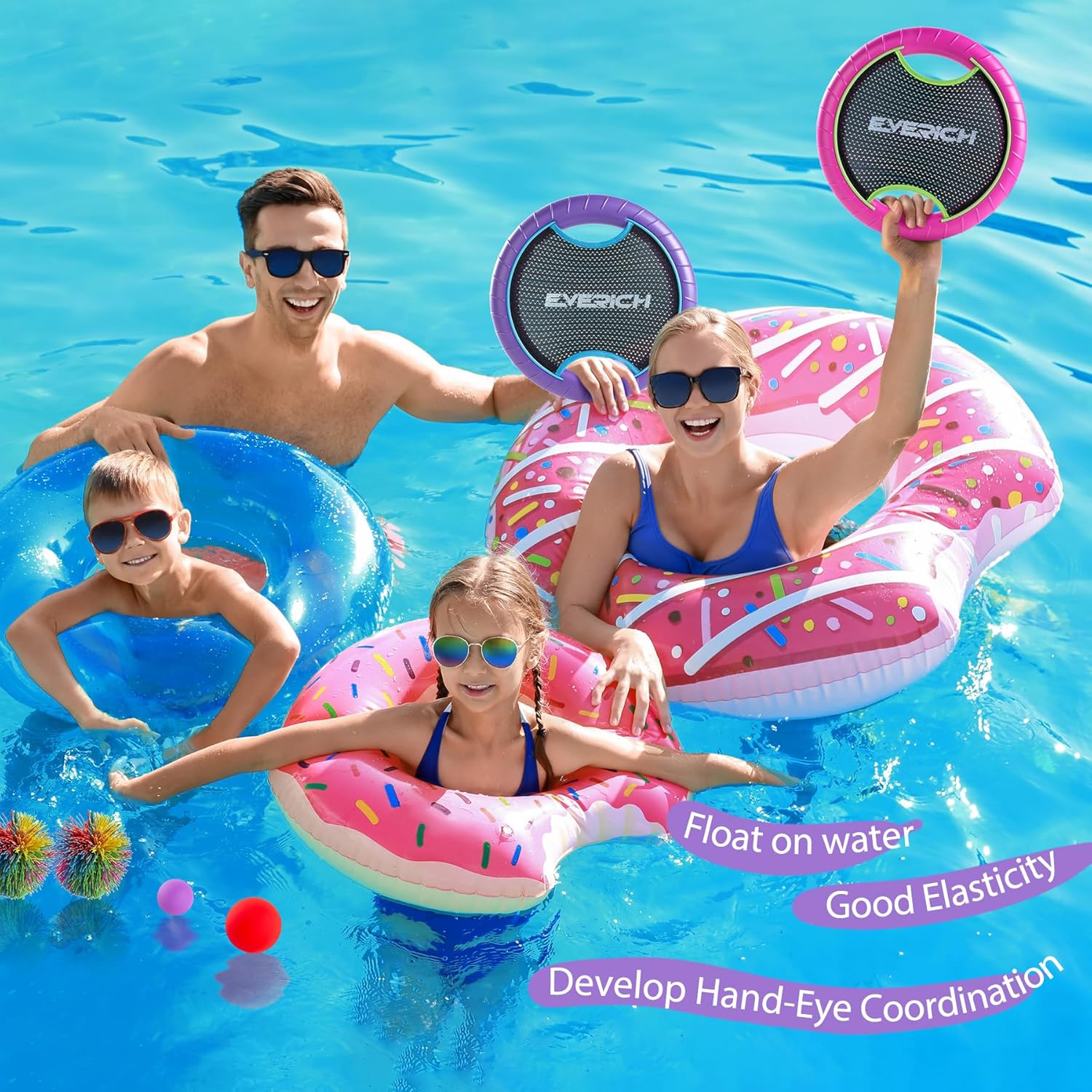 Trampoline Paddle Ball Set with 2 Bouncy Paddles & 4 Balls - Soft Foam Design for Kids Play Indoor Outdoor Beach Backyard Lawn - Great Gift Idea for Boys & Girls (Pink & Purple)