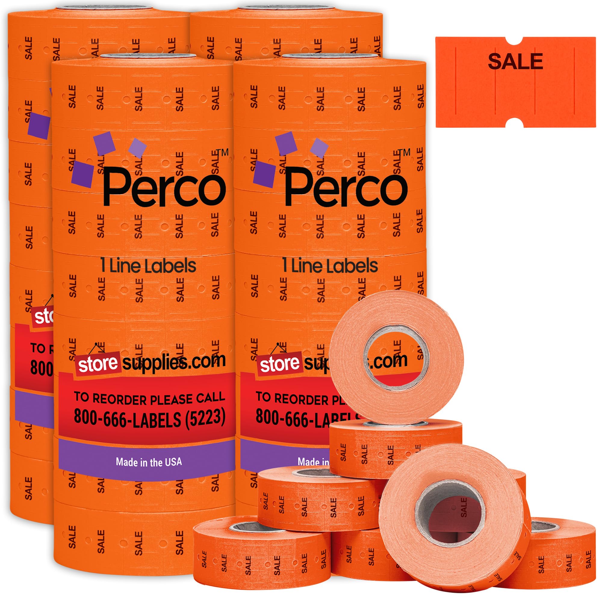 Perco Etiquetas "Sale" para pistola etiquetadora Perco de 1 línea, rojo fluorescente, 4 mangas, 32.000 etiquetas