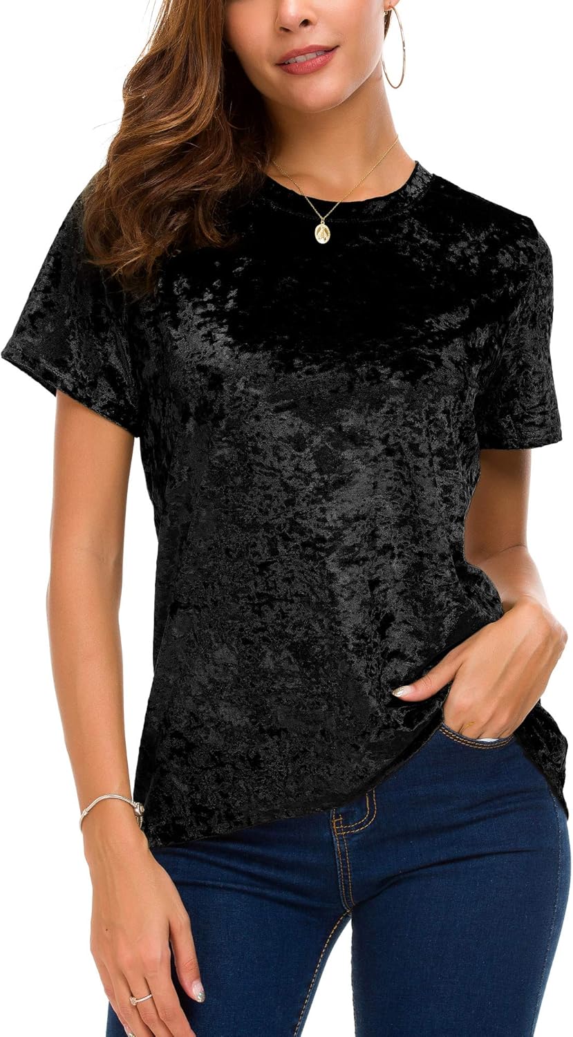 Women's Crew Neck Velvet Top Short Sleeve T-Shirt - Image 3