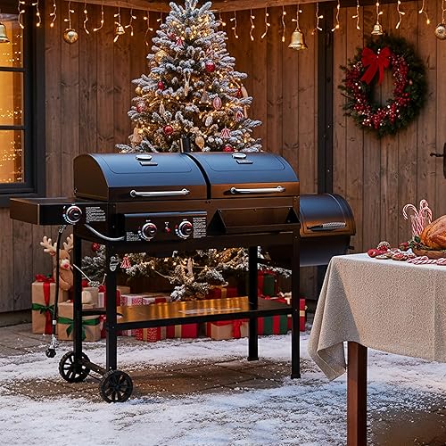 Miniatura 3 de ZH3005Y-SC - Parrilla combinada de gas y carbón de 2 quemadores con ahumador desplazado y quemador lateral, parrilla de combustible dual de 34,000