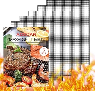 AOOCAN Set of 5 Non-Stick BBQ Grill Mats - Heavy Duty Reusable Mesh Grilling Mats, 15.75x13in for Gas, Charcoal, Pellet Grills, Black