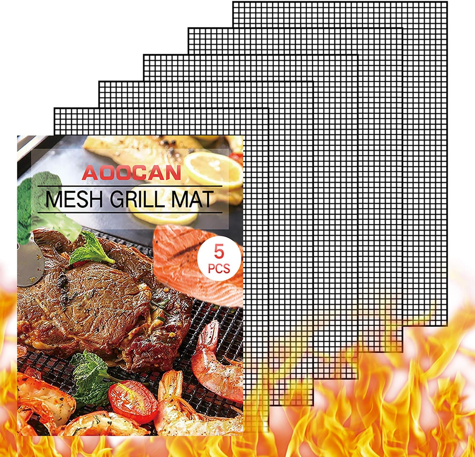 AOOCAN Grill mesh mat - Set of 5 Non Stick BBQ Grill mats, Heavy Duty, Reusable Grilling mats, Easy to Clean - Works on Gas, Charcoal, Pellet Grill - 15.75 x 13 in, Black
