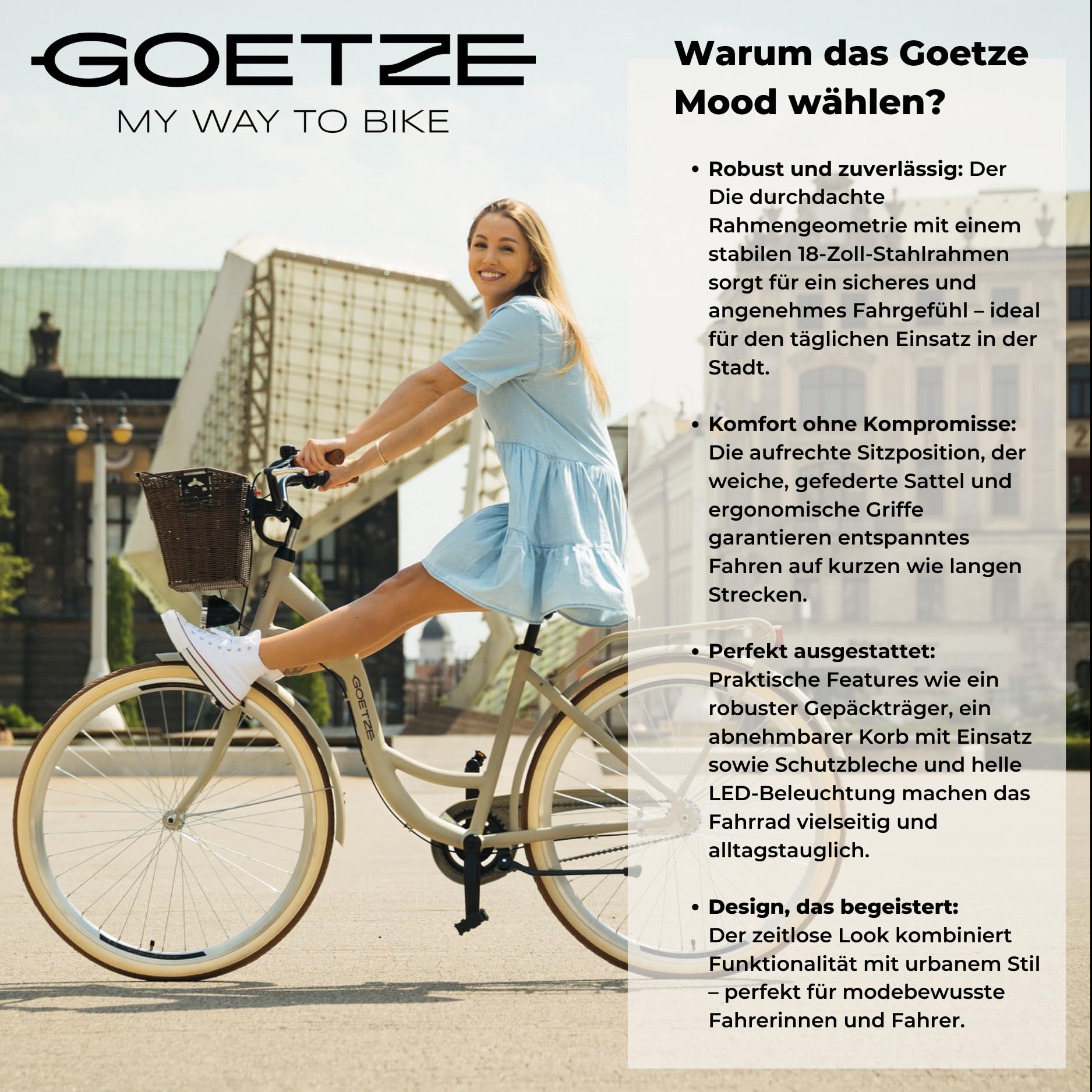 Goetze Mood 26 Zoll Jugendfahrrad, 17 Zoll Tiefeinsteiger Stahlrahmen, 6-Gang Kettenschaltung, doppelte V-Bremsen, LED-Beleuchtung, Rattankorb, Komfortsattel, mit Seitenständer & Klingel