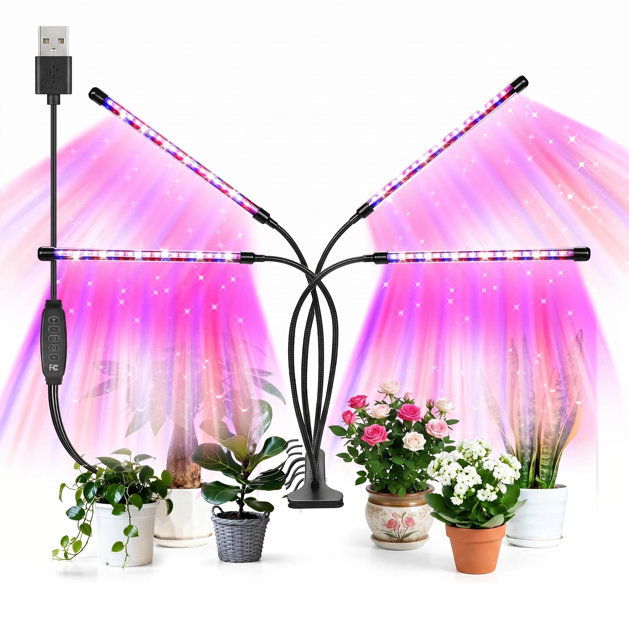 4 Head LED Grow Light for Indoor Plants Full Spectrum USB Clip On Plant Lamp with 3 Light Modes Dimmable Brightness Auto On Off Timer 360 Degree Adjustable Gooseneck for Seedlings Succulents Flowers-image-15