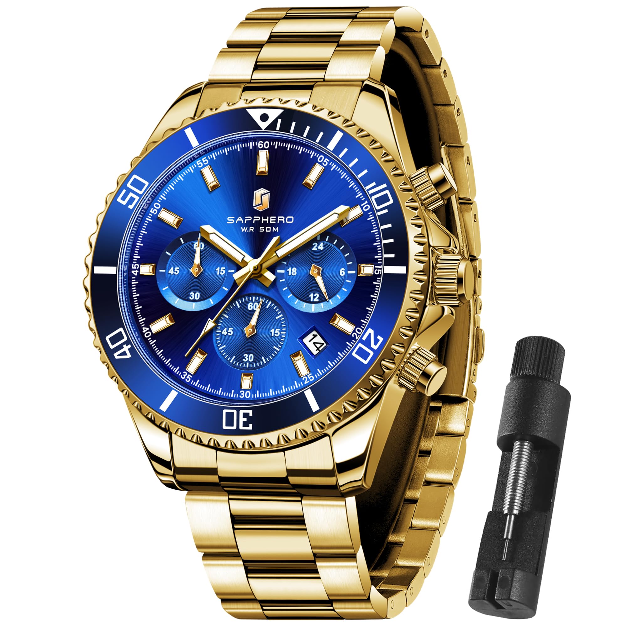 SAPPHERO Uhren Herren Chronograph Analog Quarz 50M Wasserdicht Armbanduhr Herren Mode Lässig Business Herrenuhren mit Kalender Edelstahlarmband Uhr Geschenk für Männer