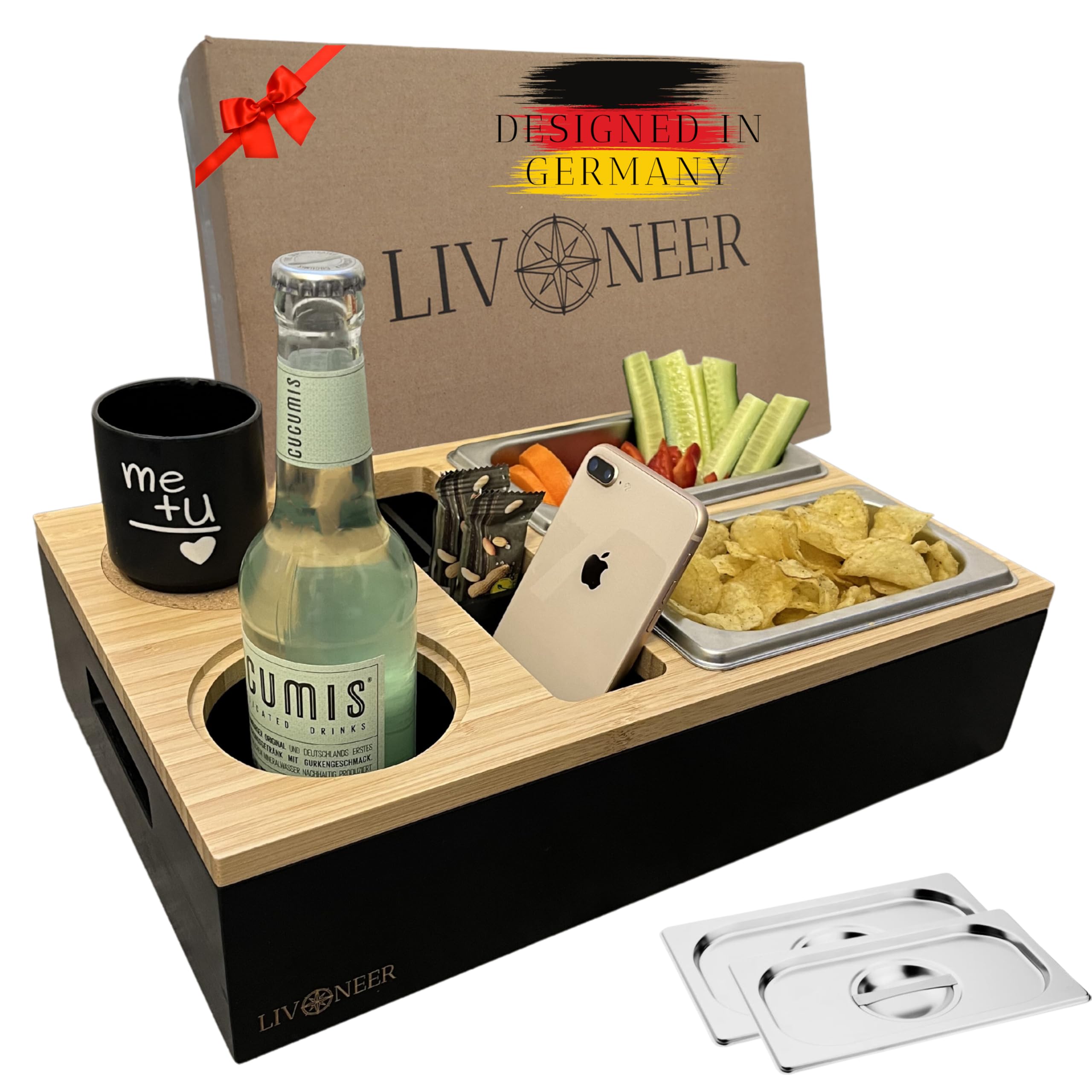 Couchbar Robuste Premium Snackbox I Einteilbares Tablett inkl. abnehmbarer Deckel, 2XL Snackschalen, Getränkehalter mit Untersetzer & Handyhalterung Couch für gemütliche Abende, Geschenkbox