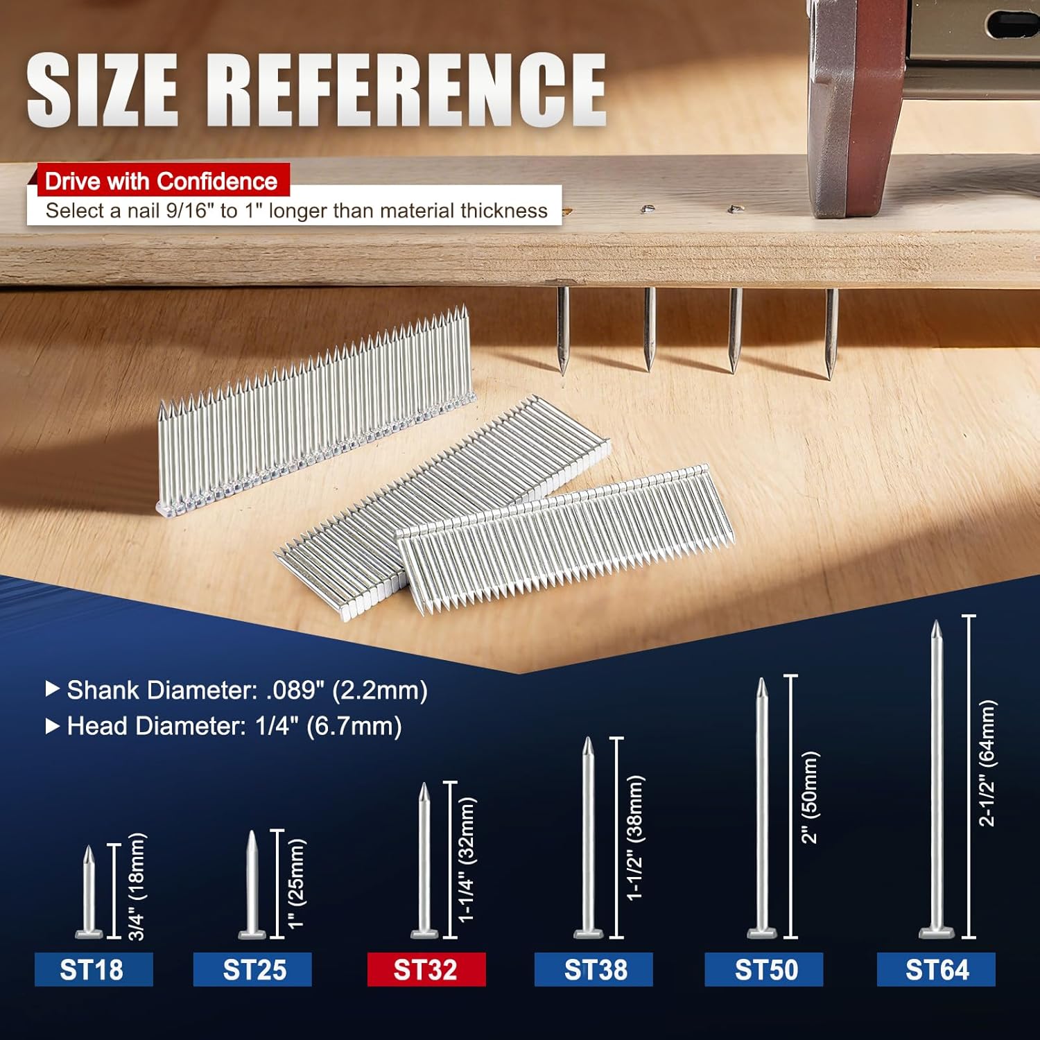 KIMSING 14 Gauge 1-1/4'' (32mm) Length Concrete Nails 800 PCS/BOX, Concrete T-Nails for Concrete Nailers Smooth Shank