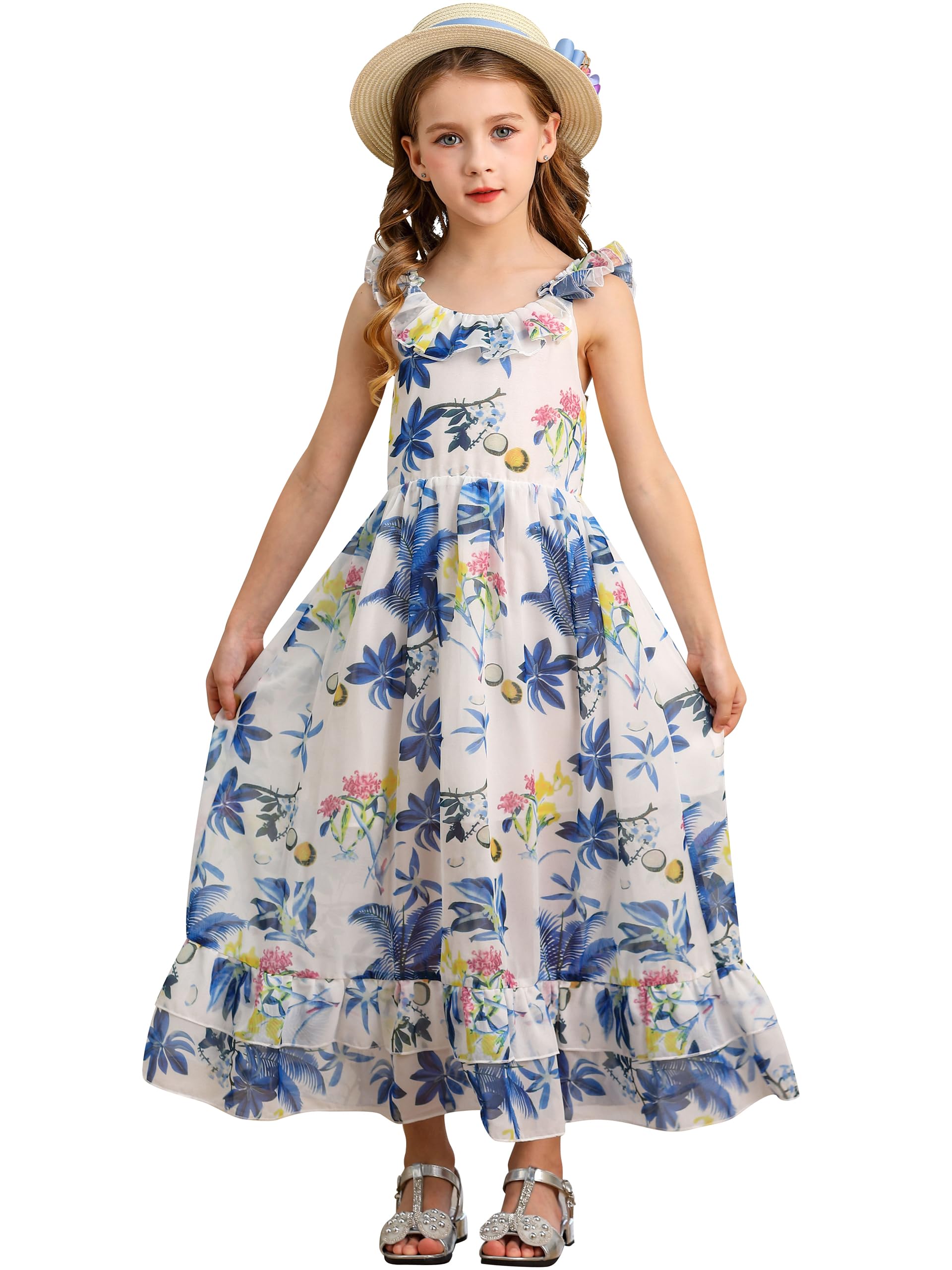 BONNY BILLY Vestido Niña Verano Casual Playa Boho Largo Estampado Floral Gasa Sin Mangas con Volantes