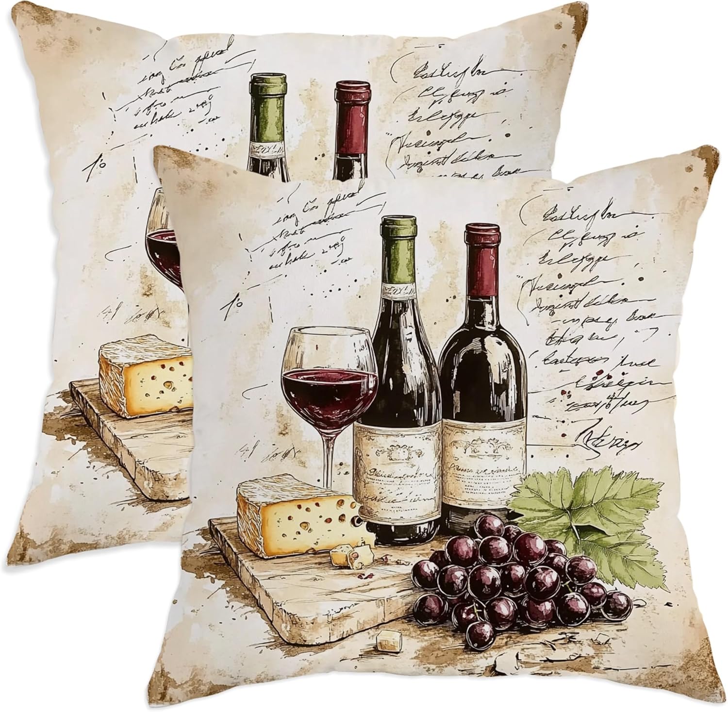 Vintage Wine Themed Pillow Covers Set of 2, Rustic Red Grapes and Cheese Decorative Cushion Cases, Cozy Home Farmhouse Pillow Covers for Sofa Couch Living Room 26x26 Inch