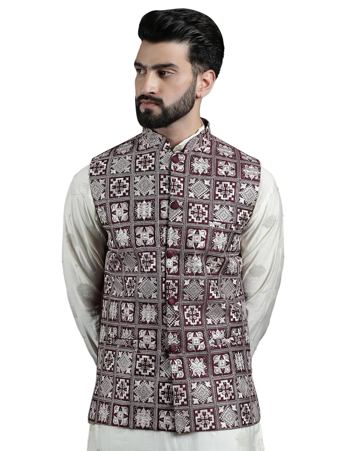 Indo Era (Since 1958 Men's Premium Silk Box Embroidered Nehru Jacket in neutral