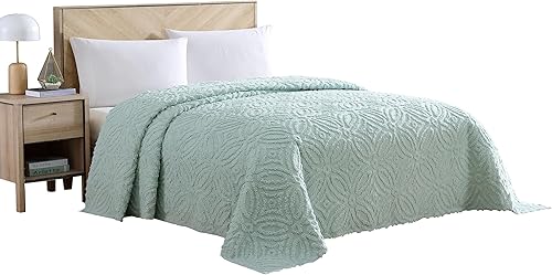 Beatrice Home Fashions Colcha de chenilla para anillos de boda, tamaño Queen, color azul