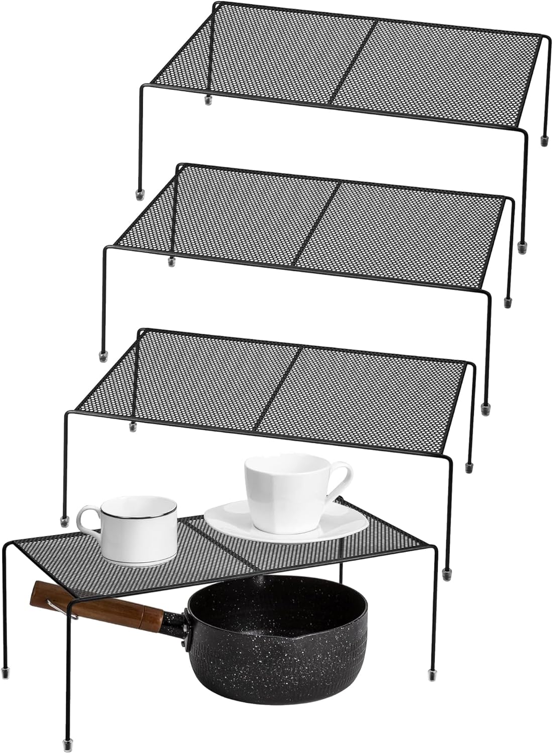 Lonian Kitchen Cabinet Organizer Shelf, 4 Pack Counter Storage Shelf Kitchen Cupboard Organizer Rack with Non-Slip Rubber Feet, Metal Mesh, Black