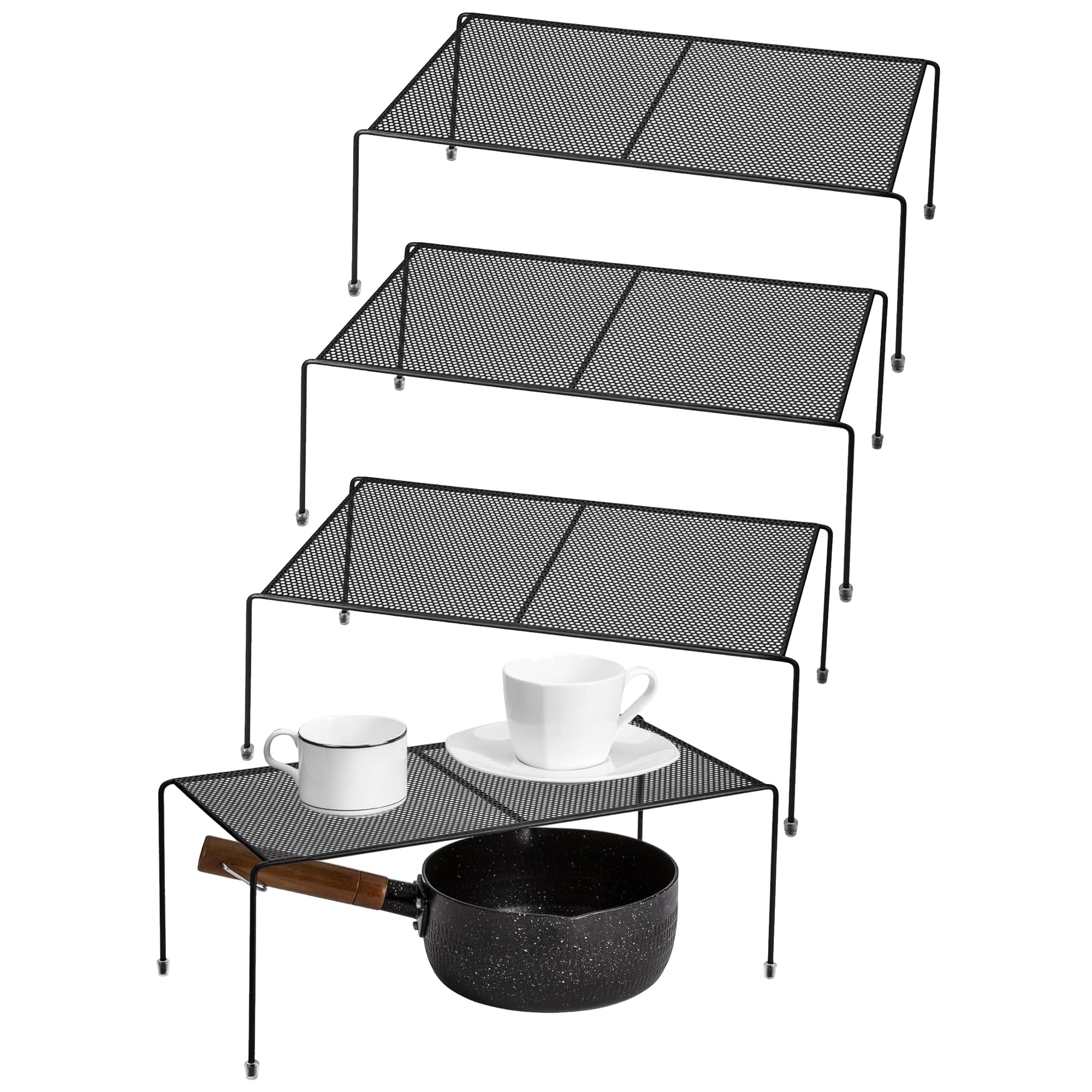 Lonian Organizer per Armadietto da Cucina, Set da 4 Mensole Impilabili in Metallo Robusto, Scaffale per Ripiano con Piedini Antiscivolo, Nero