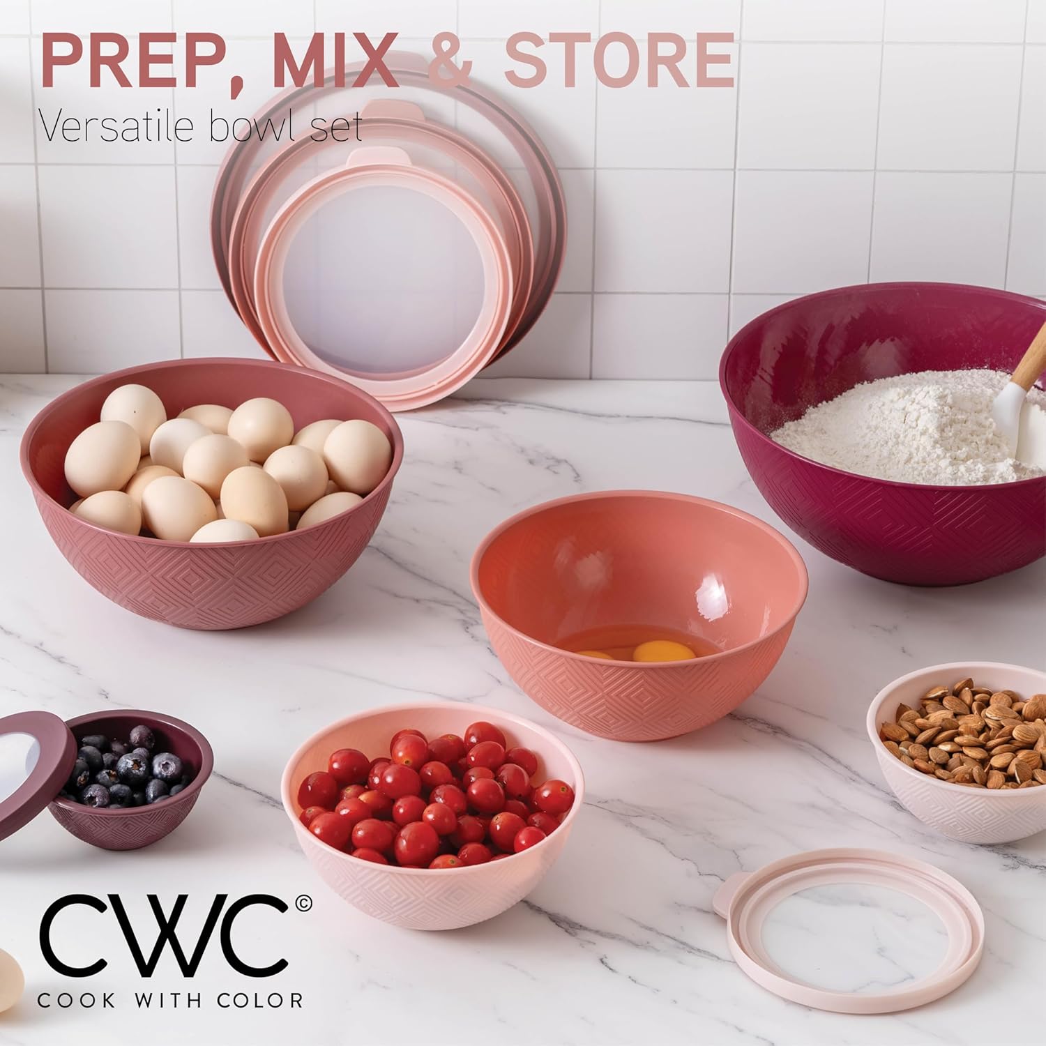 COOK WITH COLOR Mixing Bowls with Lids - 12 Piece Plastic Nesting Bowls Set includes 6 Prep Bowls and 6 Lids, Microwave Safe Mixing Bowl Set, Rose Rhombus
