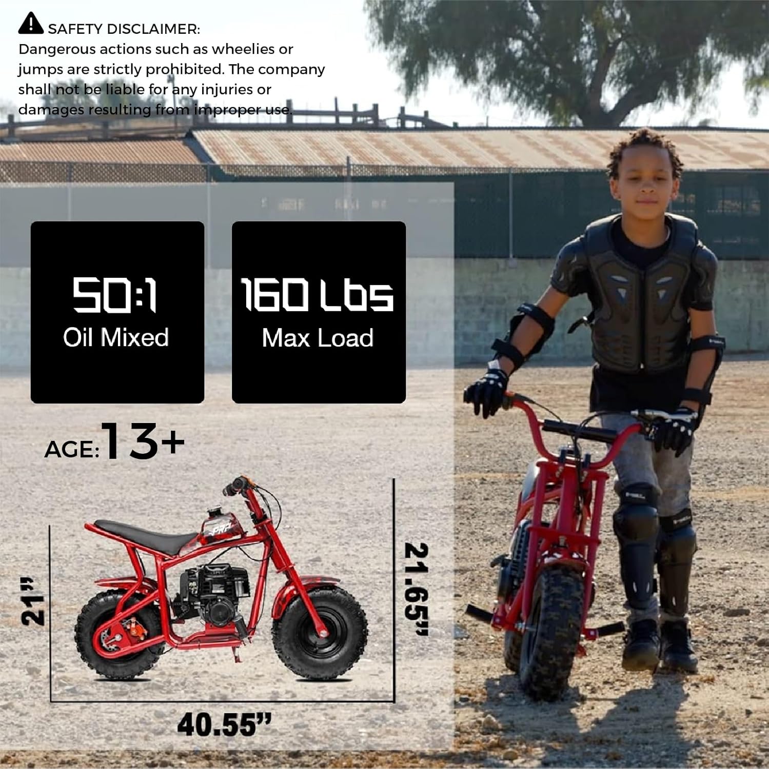 FRP DB003 50CC 2-Stroke Kids Dirt Bike with Training Wheels Kit, Gas Powered Mini Off Road, 18 MPH Max Speed, 160 LBS Capacity, Compatible with 5.9"-10" Ground Clearance,Red