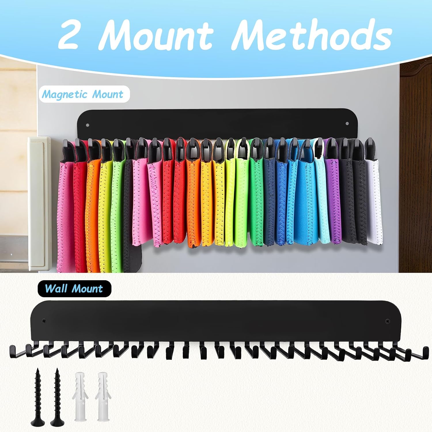 RESOVO Can Cooler Sleeves Holder Magnetic for Fridge, Beer Sleeves Dispenser Organizer for Storage w/ 25 Hooks, with Screws for Wall Mounted, for Holidays Wedding Party