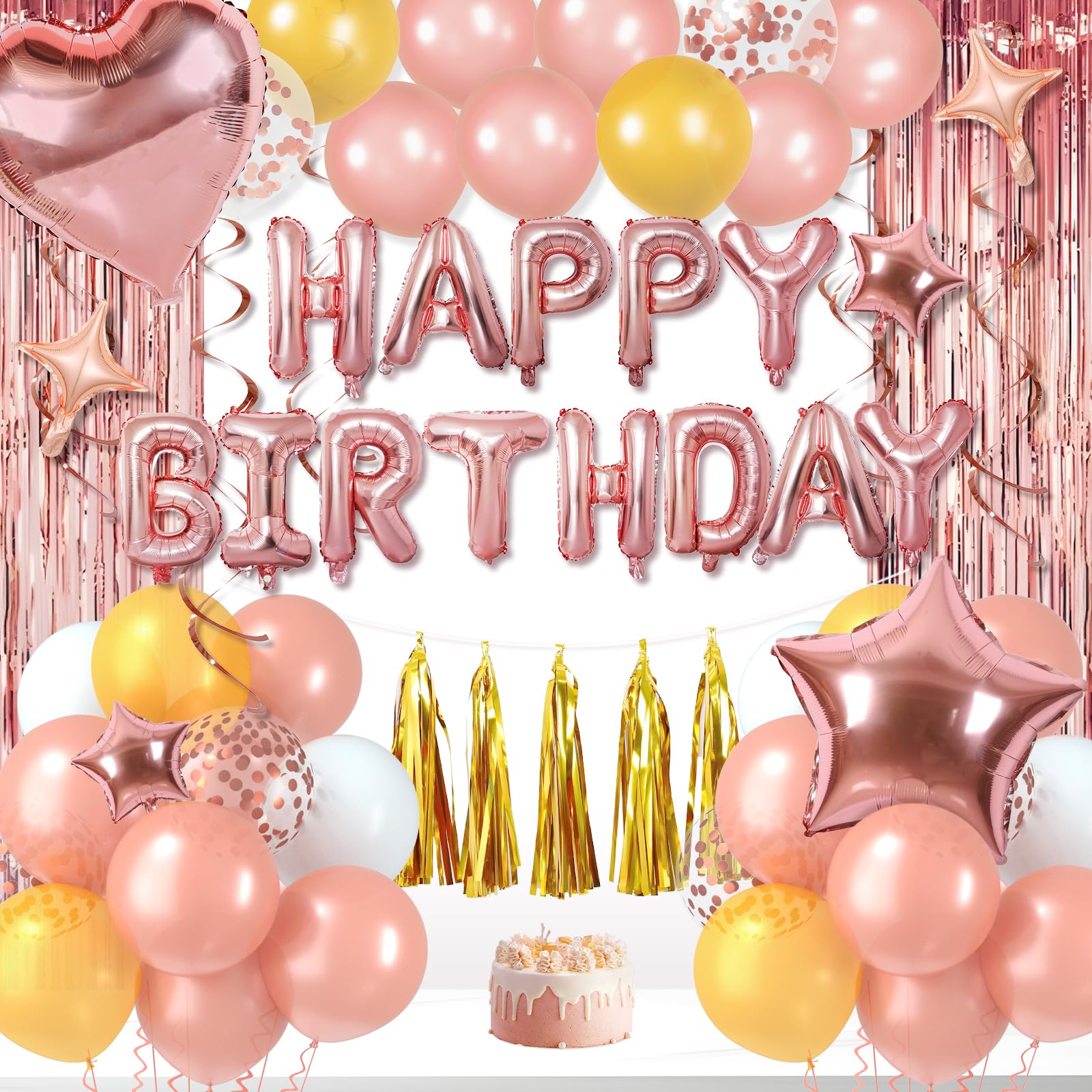 Rose Gold Birthday Decorations for Women Girls 18th 21st 30th 40th 50th BD Party Supplies with Happy Birthday Balloons, Fringe Curtain, Hanging Swirl,