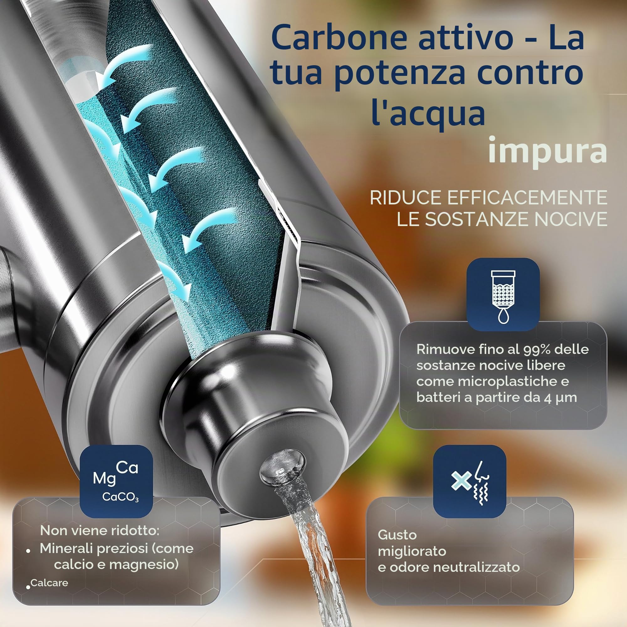 VILTARO Filtro acqua rubinetto – filtro a carbone attivo, rubinetto con cartuccia, senza BPA, in acciaio inox, facile da montare, rimuove le sostanze nocive
