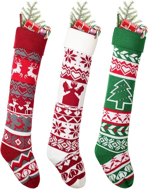 YQing 3 Pieces Knit Christmas Stocking - 25 Inch Extra Long White and Burgundy Wool Christmas Stocking with Reindeer and Snowflake Pattern for Holiday Home Decoration
