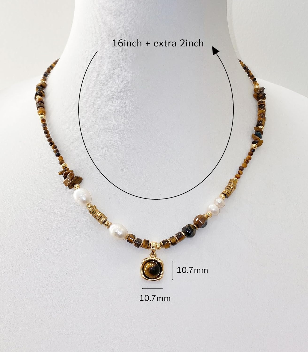 OZEL JEWELRY & GIFT - Gold-Plated Stainless Steel Necklace for Women, Tiger Eye Pendant & Freshwater Pearl Beaded, Adjustable Length with Slide Detail, Handcrafted Jewelry