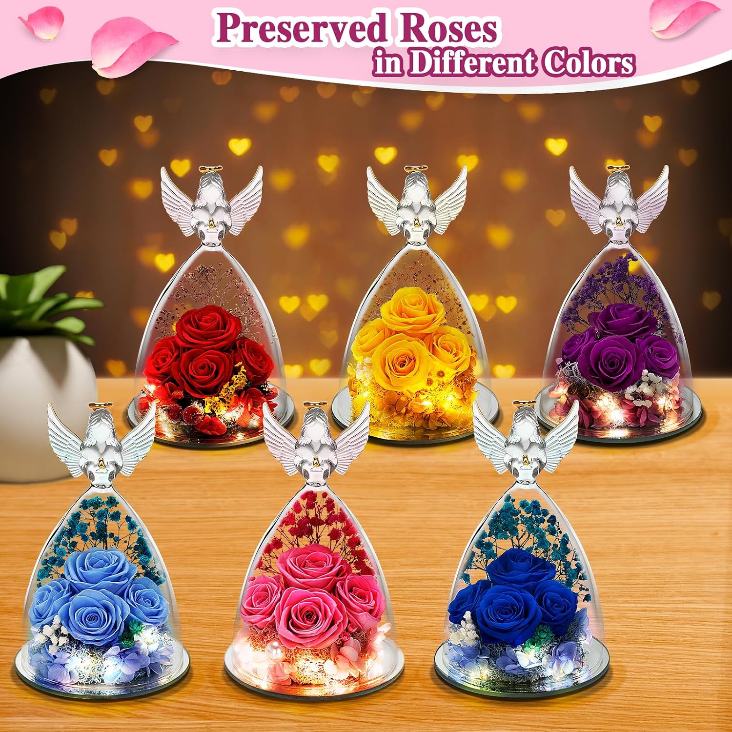 YEEBAY Preserved Flowers Rose, for Mom, Wife Grandma, Angel Figurine with Rose and Light, Ideal Christmas, Anniversary, Wedding, Valentine's Day, Birthday Gift for Her, Women