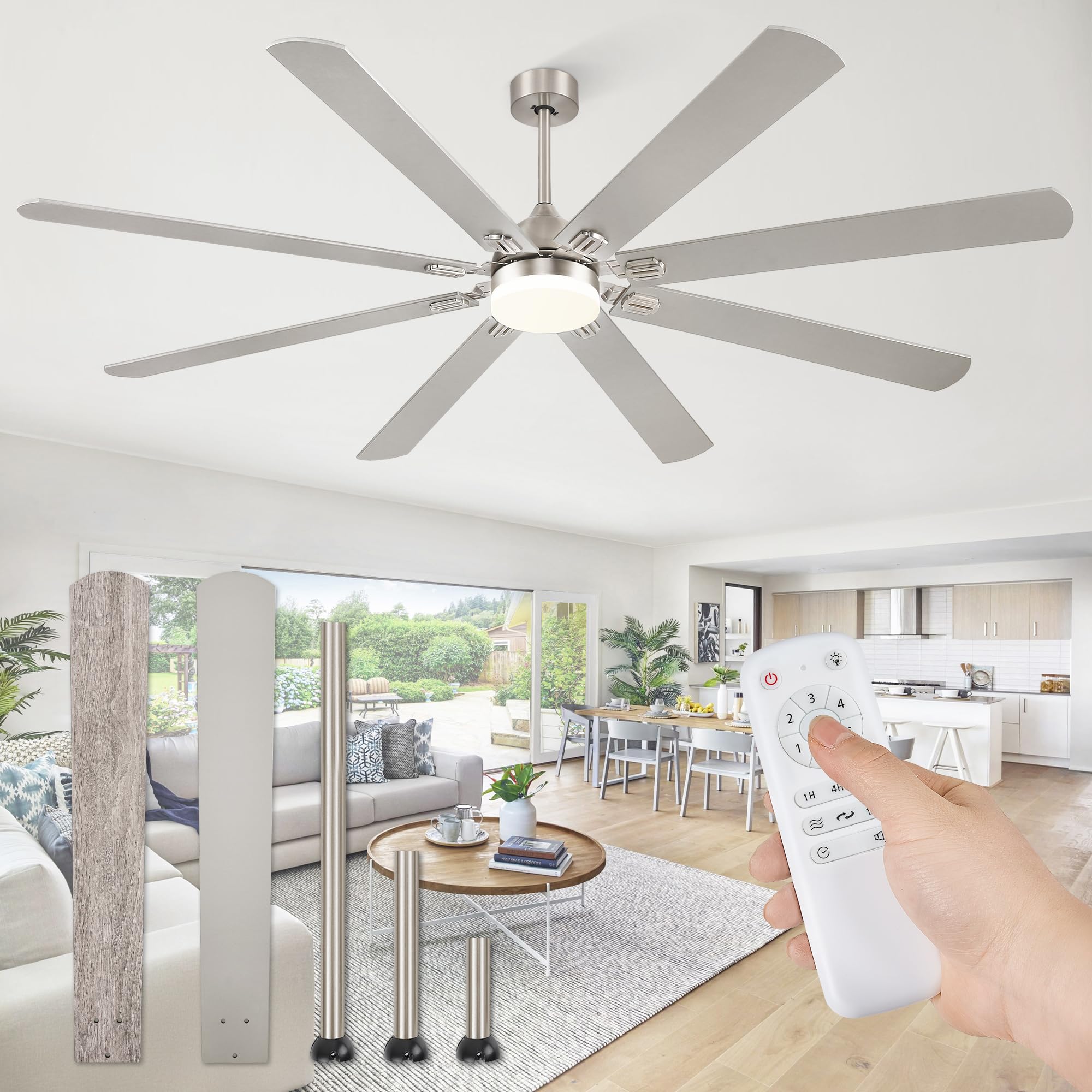 Fanbulous 80 Inch Ceiling Fans with Lights,Nickel Modern Ceiling Fan with Remote,Large Farmhouse Indoor & Outdoor Ceiling Fan with 8 Dual Finish Blades, Quiet DC Motor, Bright LED Light