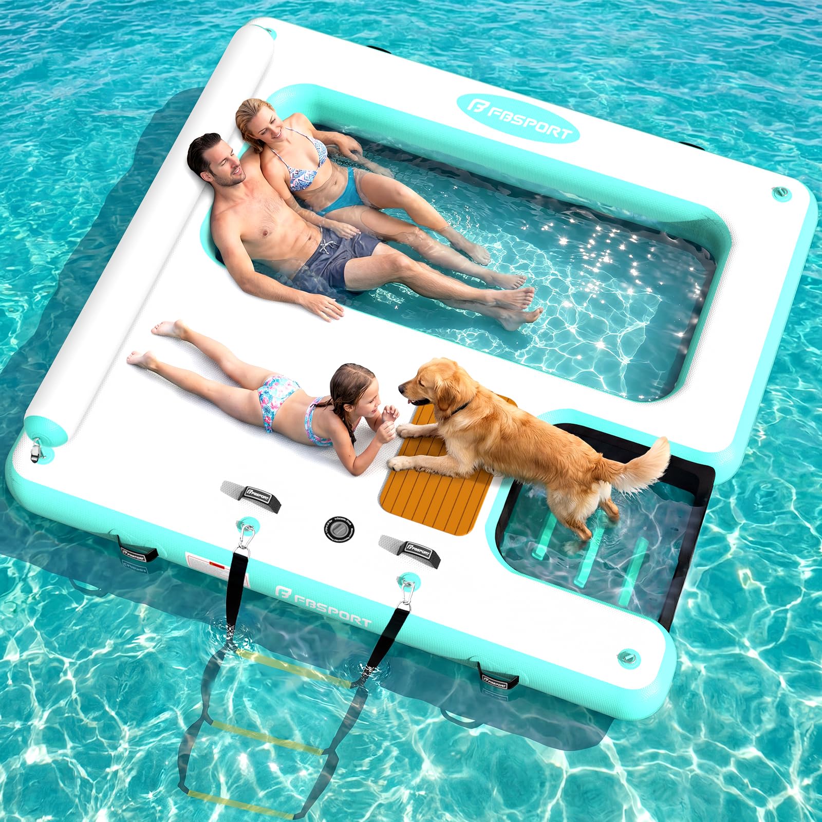 FBSPORT Inflatable Floating Dock with Water Hammock Dog Boat Ramp for Lake, 8ft Lake Floats for Adults Inflatable Island Platform Water Raft with Ladder, Tanning Pool Lounger for Sea Dock Boat