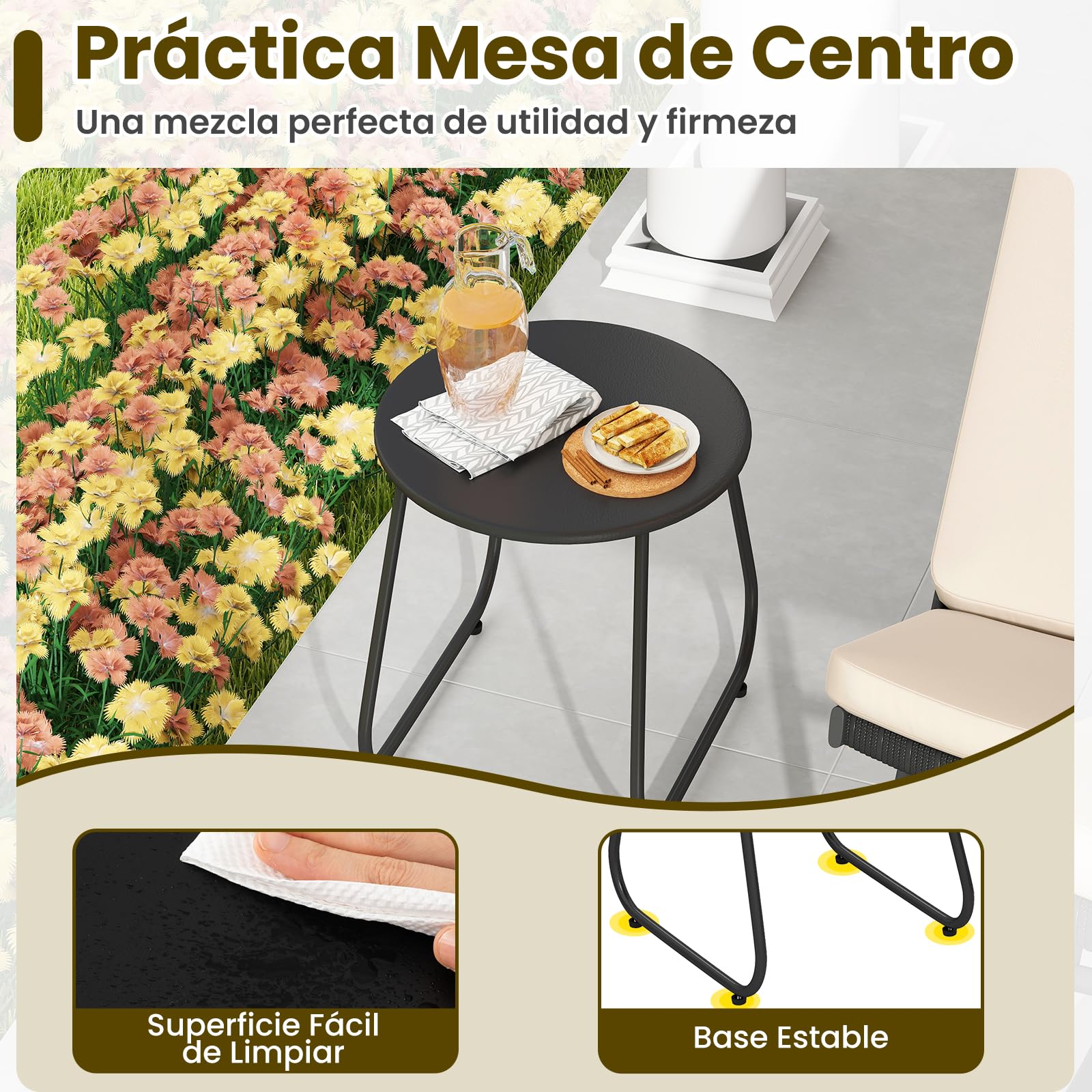 GIANTEX Juego de Muebles de Jardín 3 Piezas, 2 Sillones Mecedoras de Ratán PE, Mesita de Café Redonda, Asiento con Cojín, Conjunto de Conversación para Patio, Balcón, Terraza