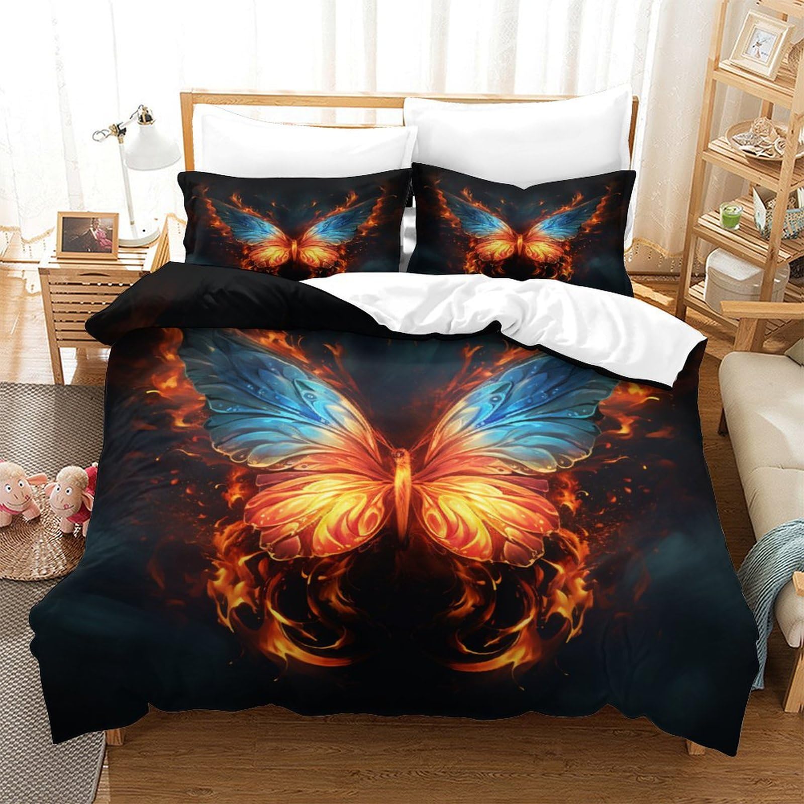 Parure de lit 140x200 cm avec housse de couette microfbre papillon 3D et sa taie d'oreiller