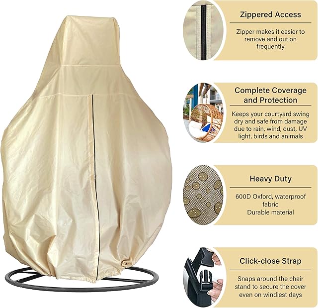 Premium Double Egg Chair Waterproof Cover Patio Hanging Chair, Heavy Duty, Windproof, Rip Proof, 600D Oxford 232 x 203cm with Lock and Zipper, Garden Furniture, Outdoor Swing Winter Protector (Beige)