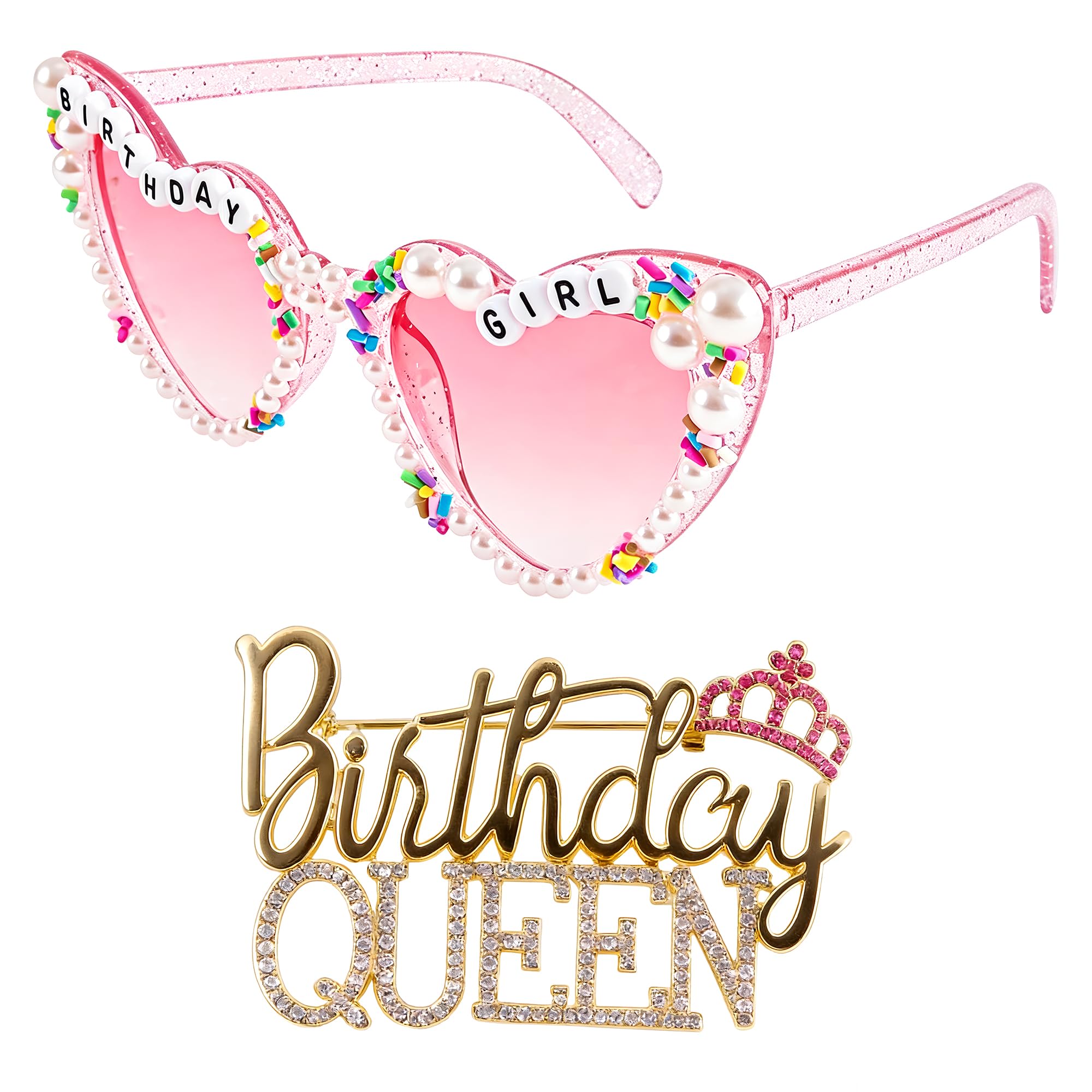 cadelon 2 Pack Birthday Queen Party Glasses and Happy Birthday Badge Set for Adults, Birthday Accessories & Props Perfect for Birthday Parties, Celebrations and Gifts