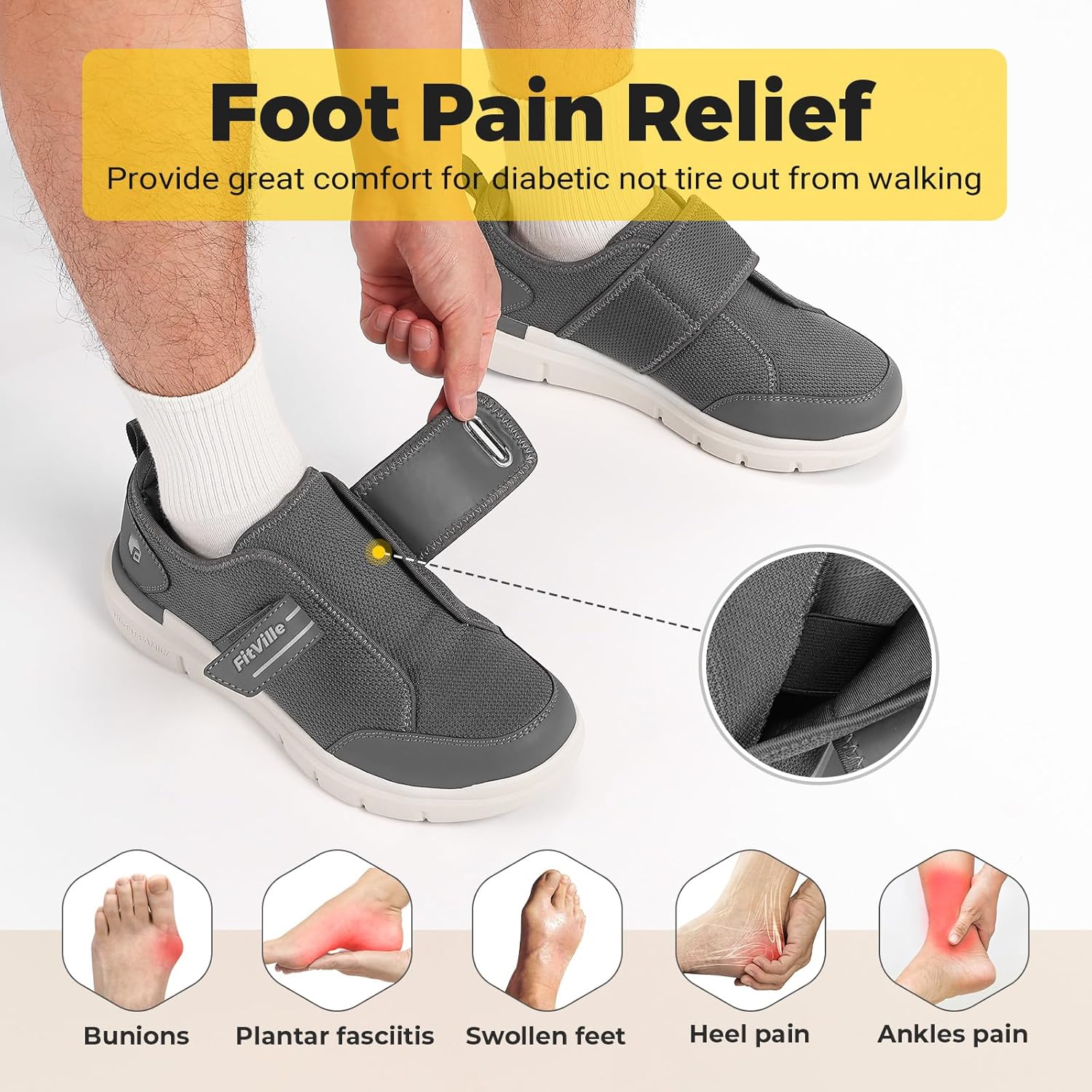 FitVille Diabetic Shoes for Men Extra Wide, Hook and Loop Walking Shoes for Elderly for Swollen Feet Foot Pain Relief Neuropathy - EasyTop V10 - Image 5