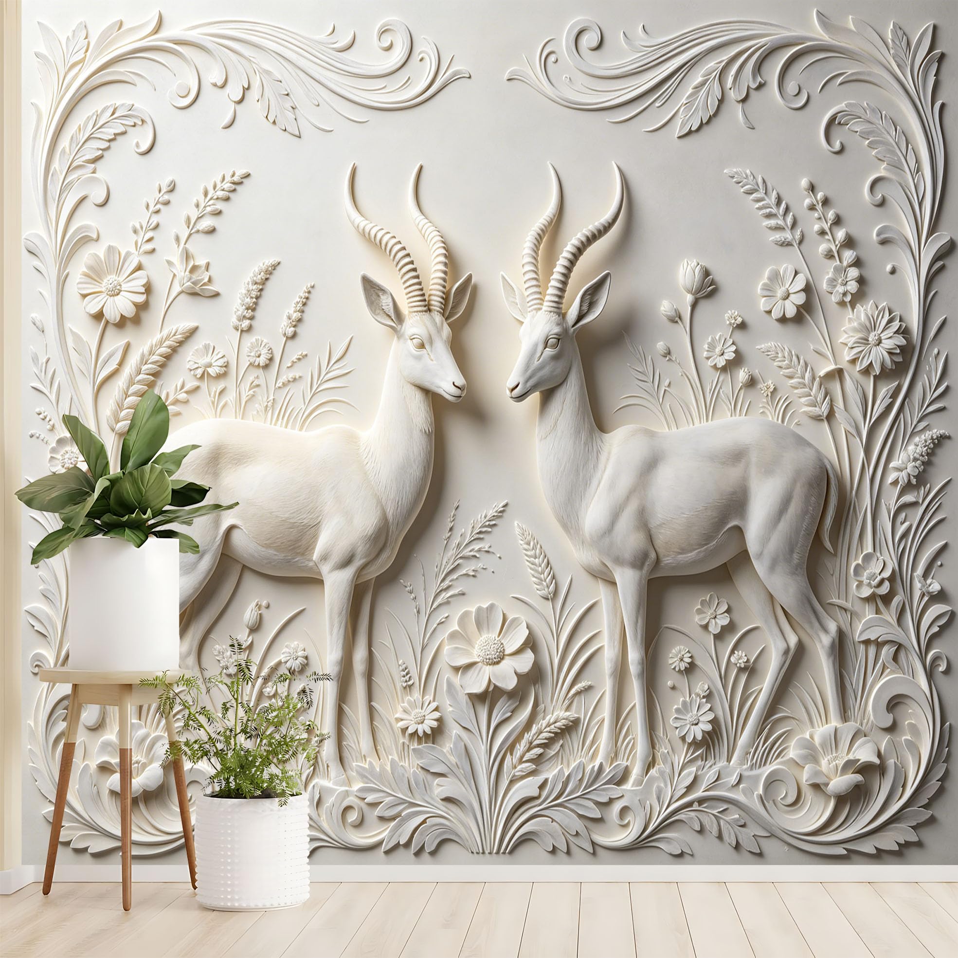 Elegancki jeleń para kwiatowy mural ścienny romantyczny las jeleń kwiat włókniny tapeta luksusowa neoklasyczna botaniczna kwiatowa fototapeta 500 x 280 cm kremowa biel cecha ściana do salonu sypialni