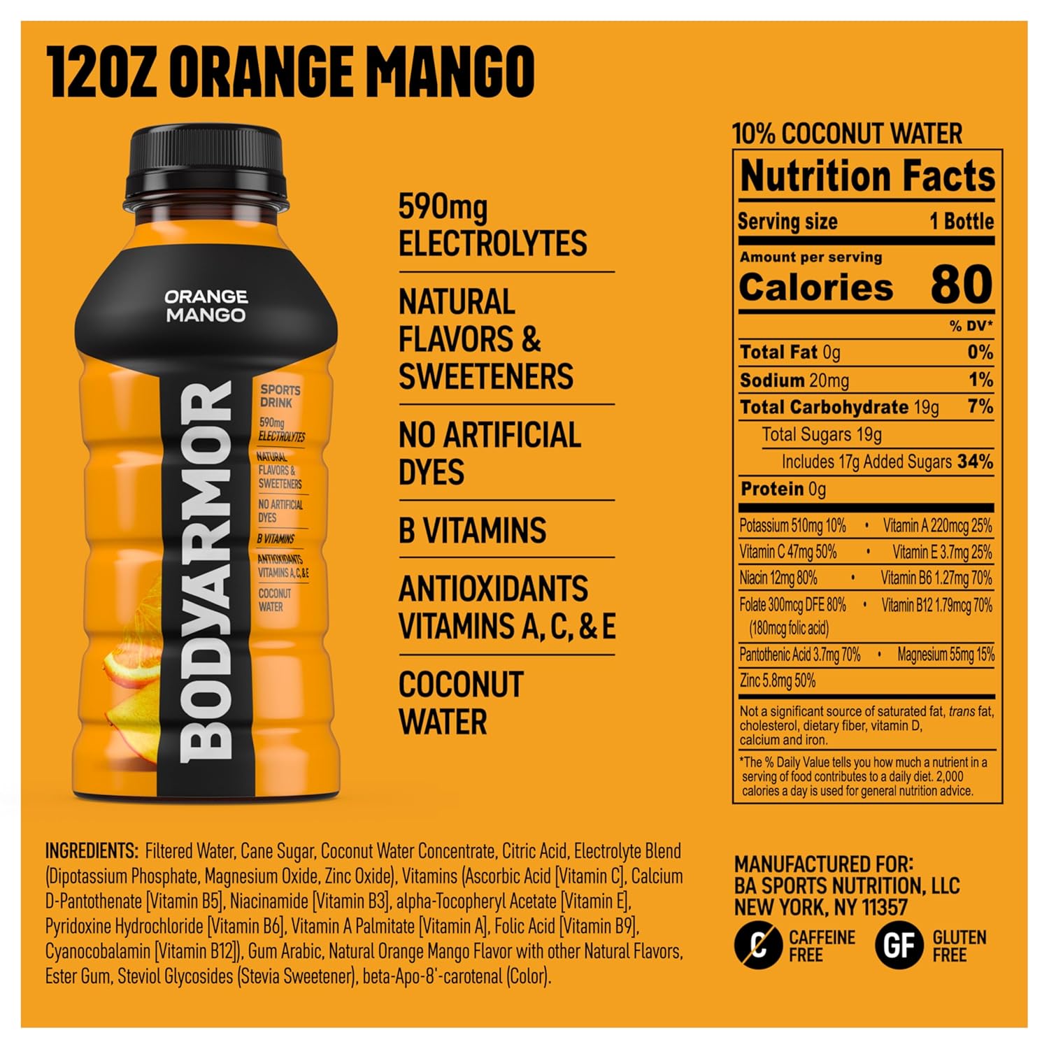 BODYARMOR Sports Drink Variety Pack, Coconut Water Hydration, Natural Flavors w Vitamins, Potassium Packed Electrolytes For Athletes, Strawberry Banana, Blue Raspberry, Orange Mango, 12 Oz - 24 pack