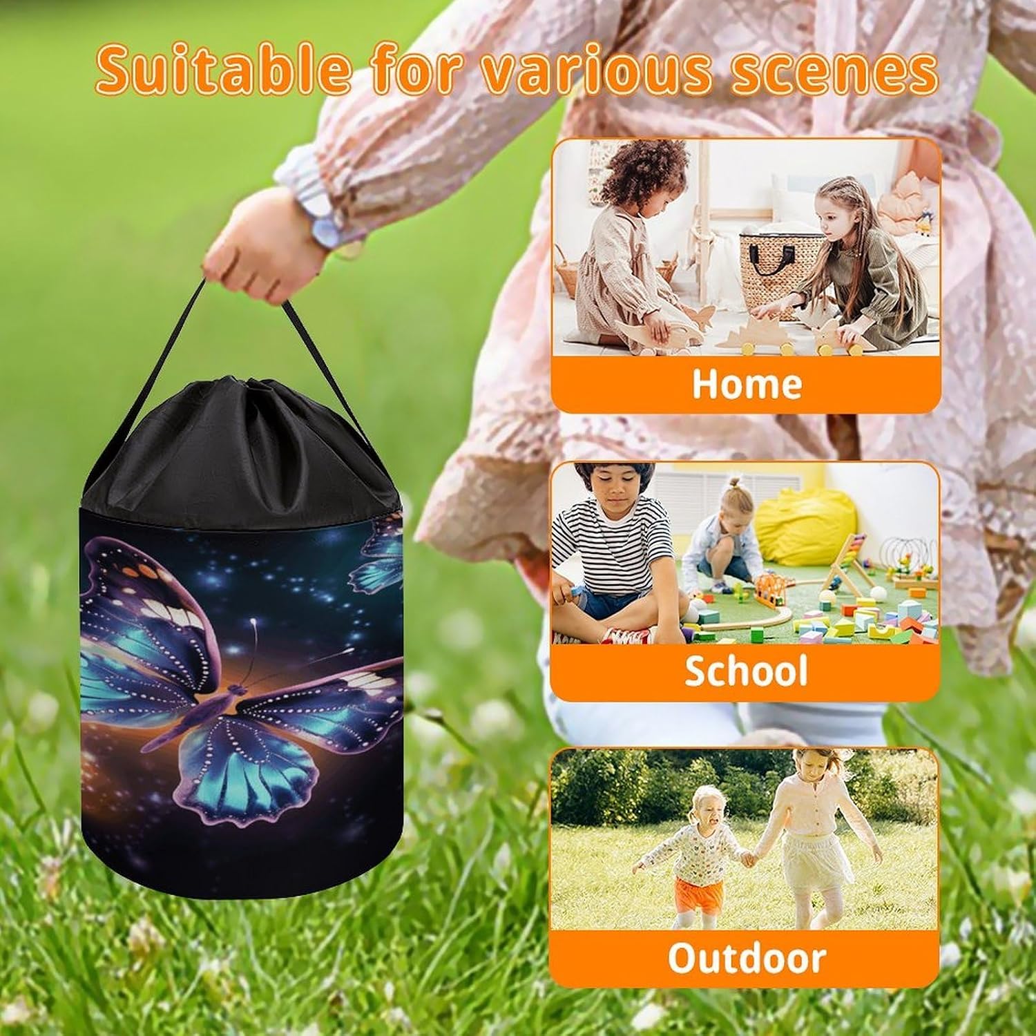 Butterfly And Stars Storage Bag Large Reusable,Storage Box with Handle Drawstringm, Toy Storage Organizer Travel Case for Building Toys for Puzzles, Building Blocks, Board Game, Stationery, Books image 5