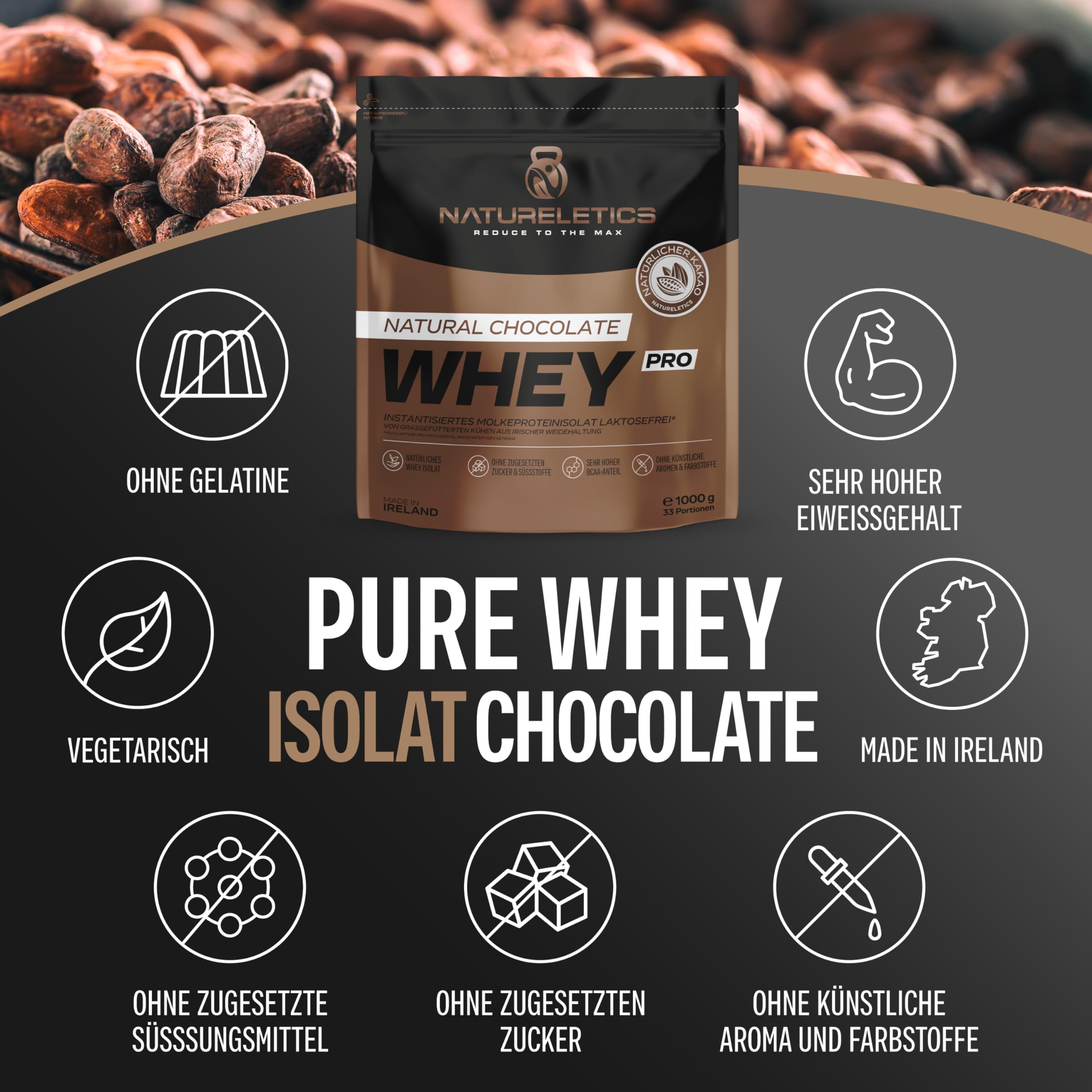 Natureletics PREMIUM WHEY ISOLAT SCHOKO, Laktosefrei, Fettarm, ohne Süßstoffe, ohne Zuckerzusatz, von grasgefütterten Kühen aus natürlicher Weidehaltung