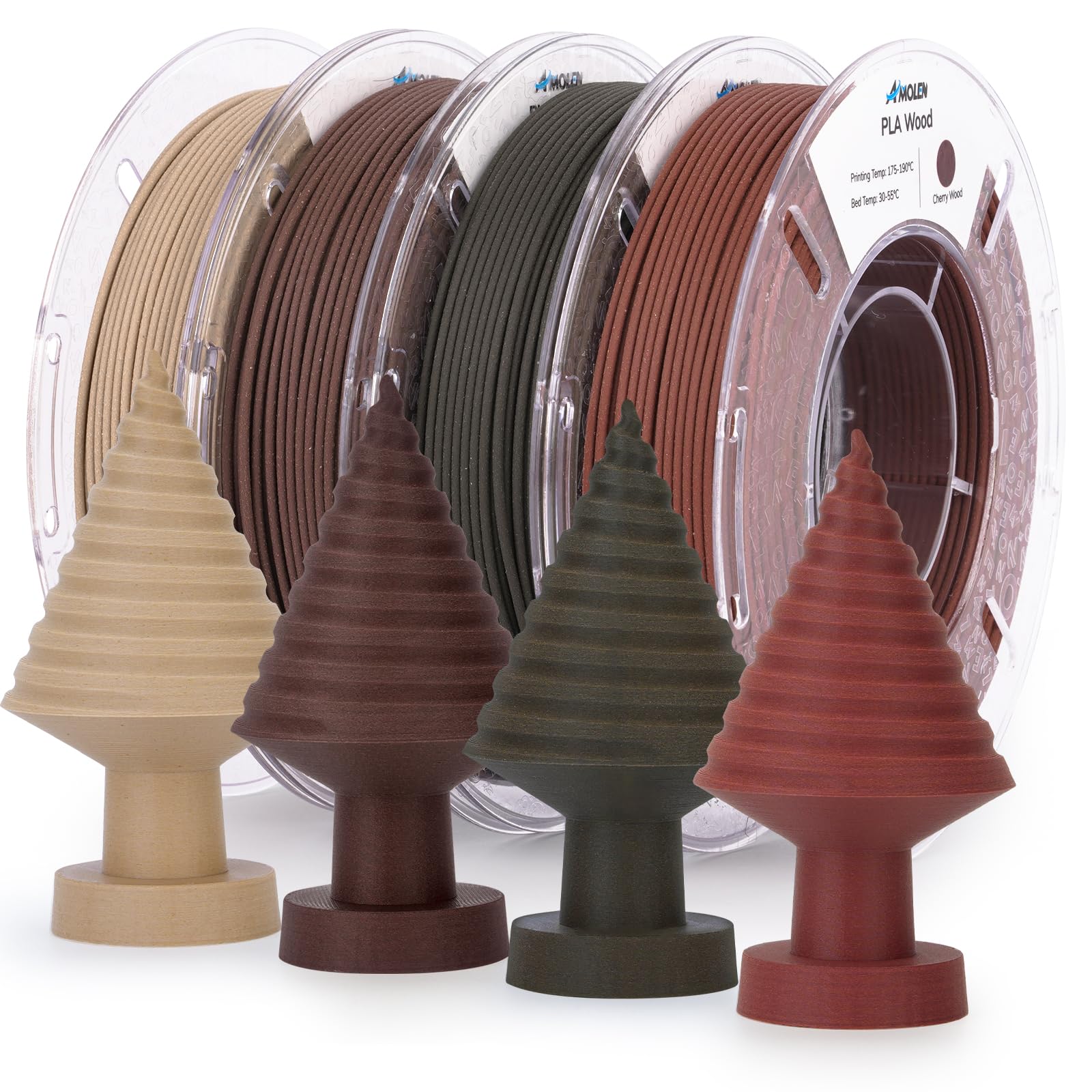 AMOLEN Wood PLA Filament Bundle 3D Printer Filament Wood Sets,Dark Walnut/White Oak/Cherrywood/Green Sandalwood Natural Color 3D Printing Filament PLA Filament 1.75mm, 200g*4 Spools