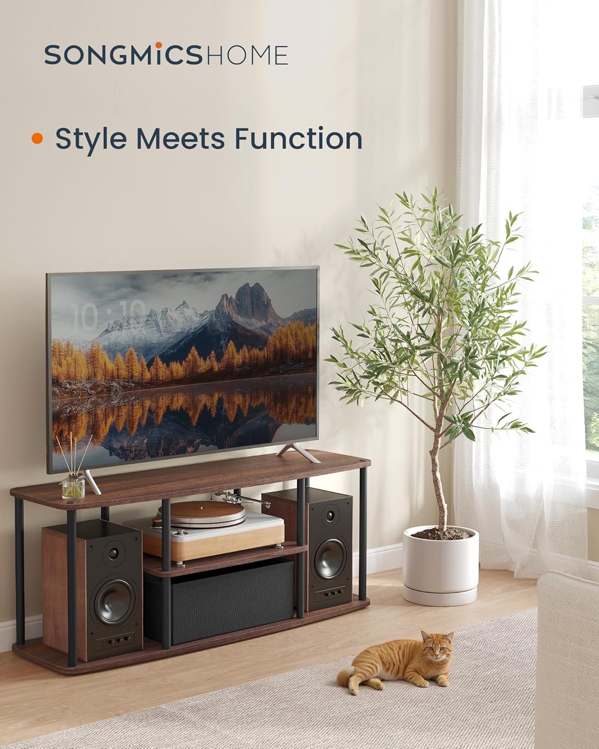 SONGMICS HOME Superfast Toolless Assembly, TV Stand for TVs up to 50 Inches, TV Cabinet Unit, Media Center Table, Living Room, 43 x 14 x 18 Inches, Shelves, Natural Walnut and Ink Black ULTV500K01
