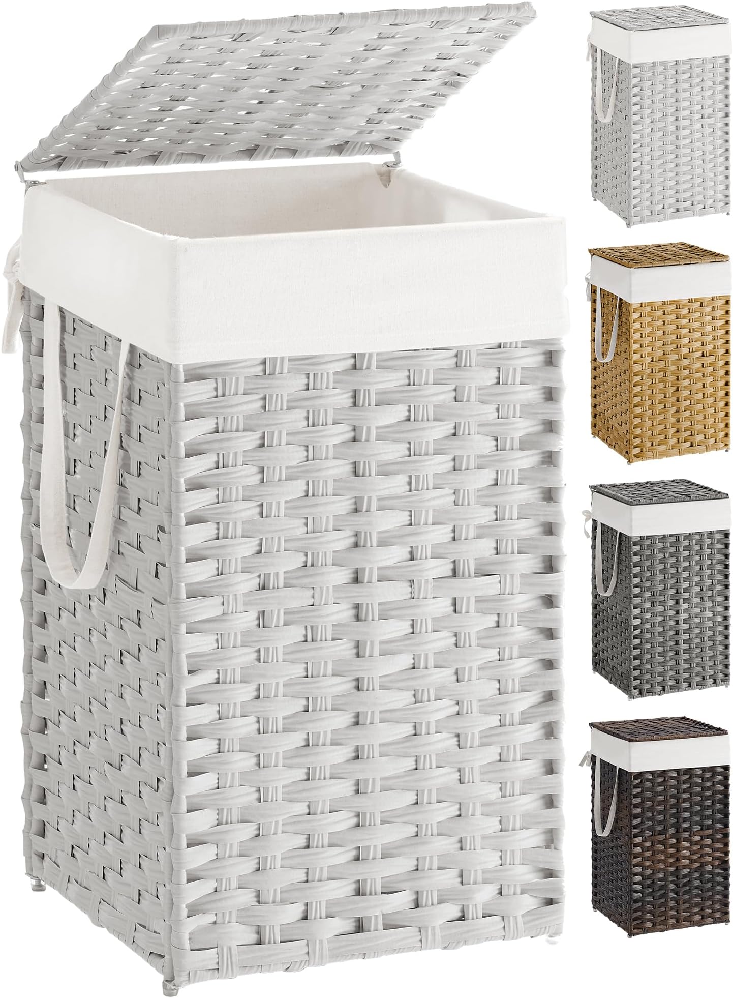 SONGMICS Laundry Hamper with Lid, 17.2 Gallon (65 L) Synthetic Rattan Clothes Laundry Basket with Lid and Handles, Foldable, Removable Liner, Cloud White ULCB165W01
