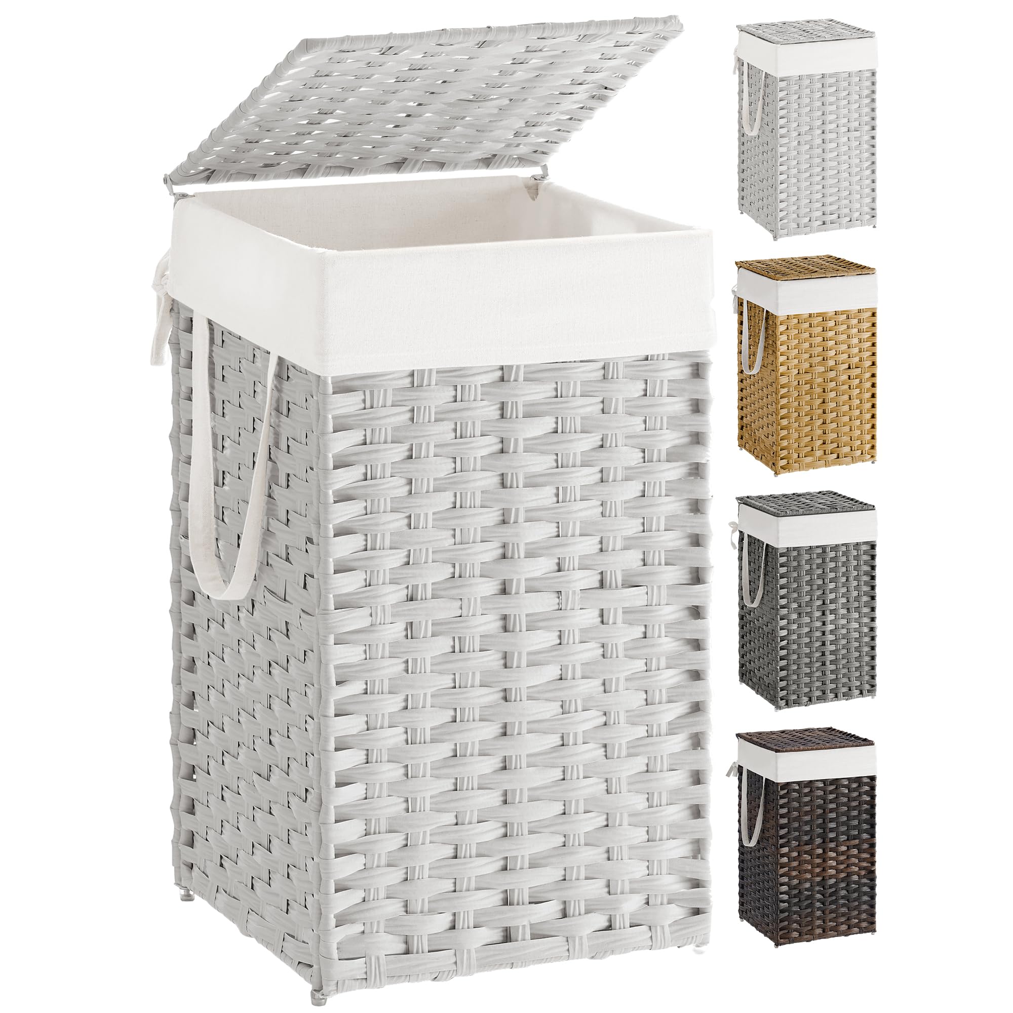 SONGMICS Laundry Hamper with Lid, 17.2 Gallon (65 L) Synthetic Rattan Clothes Laundry Basket with Lid and Handles, Foldable, Removable Liner, Cloud White ULCB165W01
