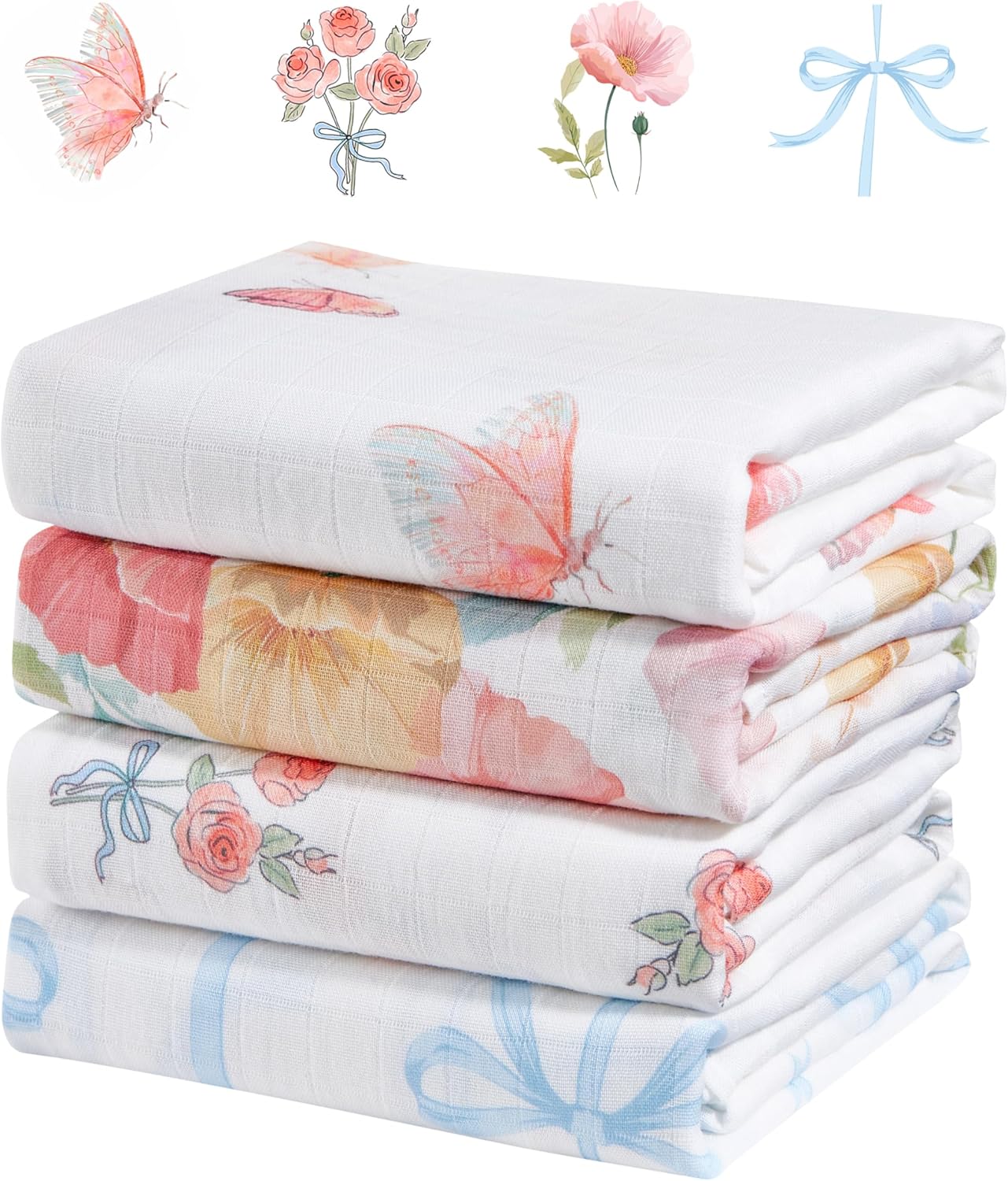 4-Pack 100% Cotton Muslin Swaddle Blankets, Large 47 x 47 Inches — Breathable Soft Receiving Blankets for Newborns, Swaddling Wraps, Baby Essentials, Registry Gift (Butterfly Floral Garden)
