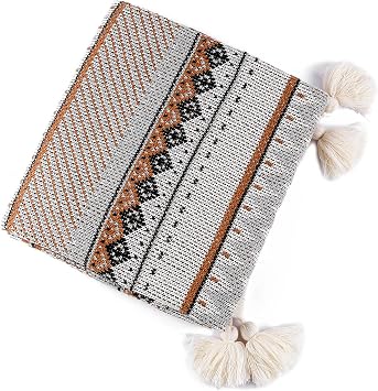 LumiSyne Knitted Throw Blanket Vintage Tassel Bohemian Ethnic Style Geometric Pattern Cozy Armchair Cover Warm Throws for Sofa Couch Bed Shawl Blanket 130x110cm