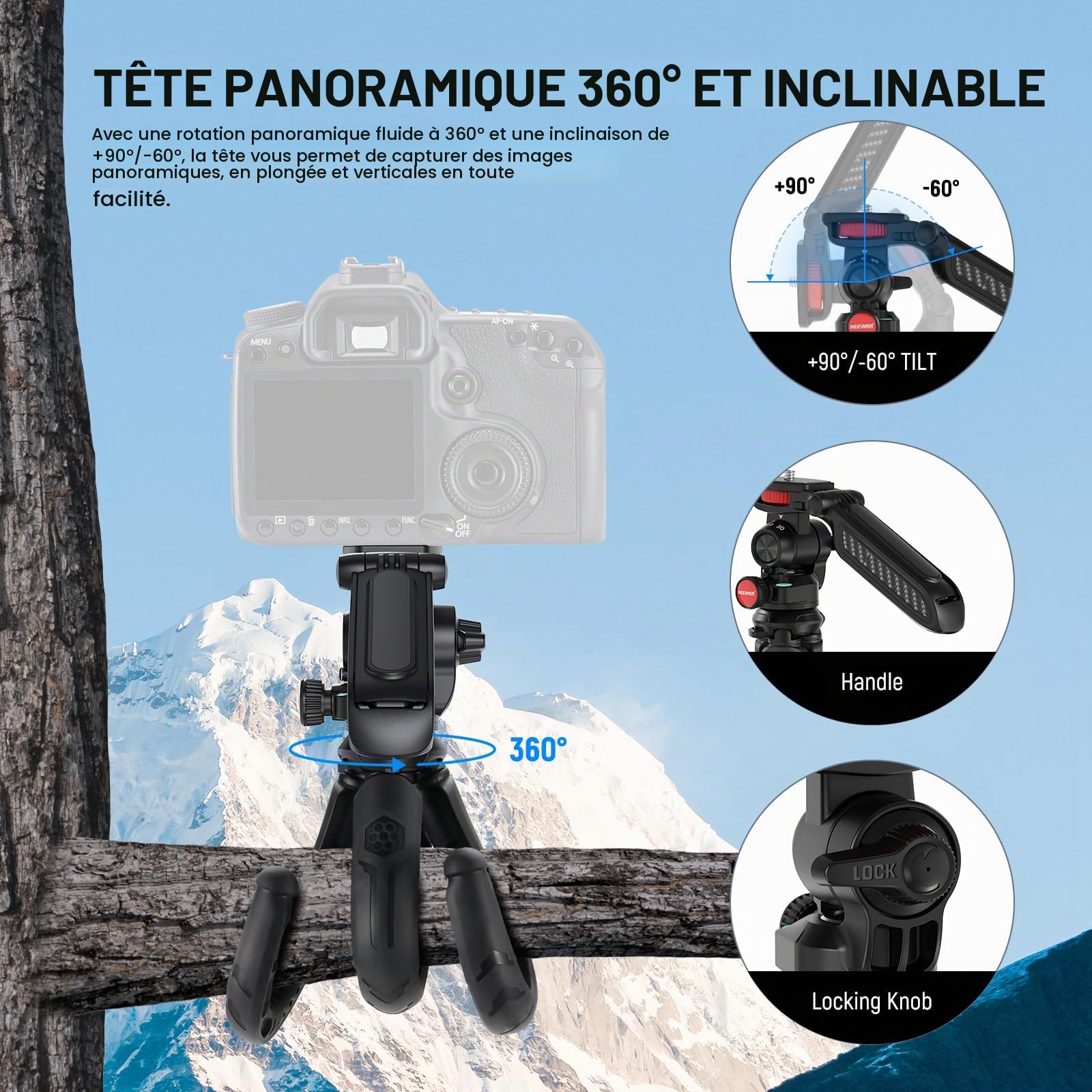 NEEWER Trépied Flexible Télécommande/Poignée/Support Téléphone/Adaptateur Action Cam, Mini Trépied Smartphone Vlog Selfie Stick Universel Compatible avec iPhone GoPro Hero 13 12 11 10 Samsung, TP36